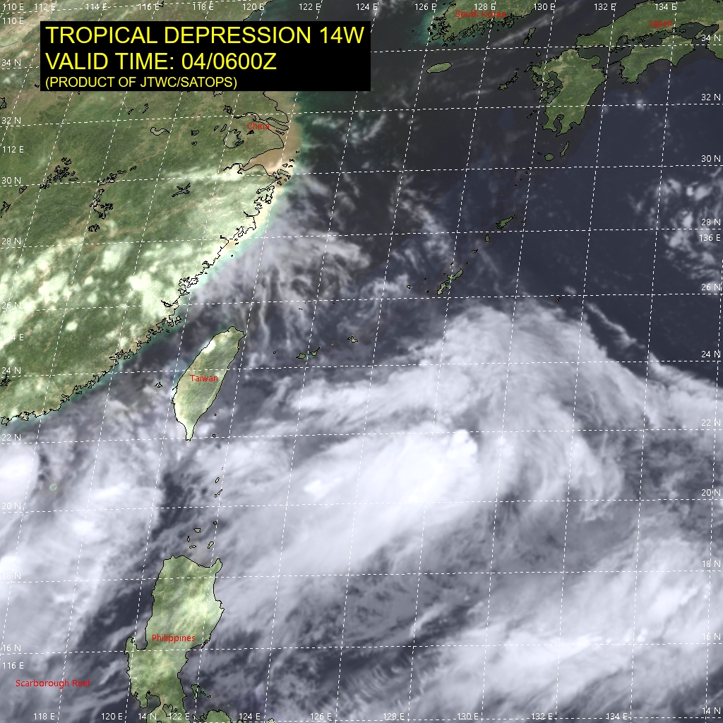 TD 14W. SATELLITE ANALYSIS, INITIAL POSITION AND INTENSITY DISCUSSION: ANIMATED MULTISPECTRAL SATELLITE IMAGERY (MSI) SHOWS A BROAD, LOOSELY ORGANIZED SYSTEM EMBEDDED IN THE MONSOON TROUGH WITH SEVERAL WEAK VORTICES, ONE TO THE NORTHWEST OF THE MAIN CONVECTION BECAME FULLY EXPOSED. THE INITIAL POSITION IS PLACED WITH LOW CONFIDENCE ON THE CENTROID OF THE SPINNERS. THE INITIAL INTENSITY IS ASSESSED WITH MEDIUM CONFIDENCE BASED ON THE HIGH END OF AGENCY DVORAK FIXES. THE SYSTEM IS IN FAVORABLE ENVIRONMENT WITH LOW VWS, MODERATE EQUATORWARD OUTFLOW, AND WARM SSTS.