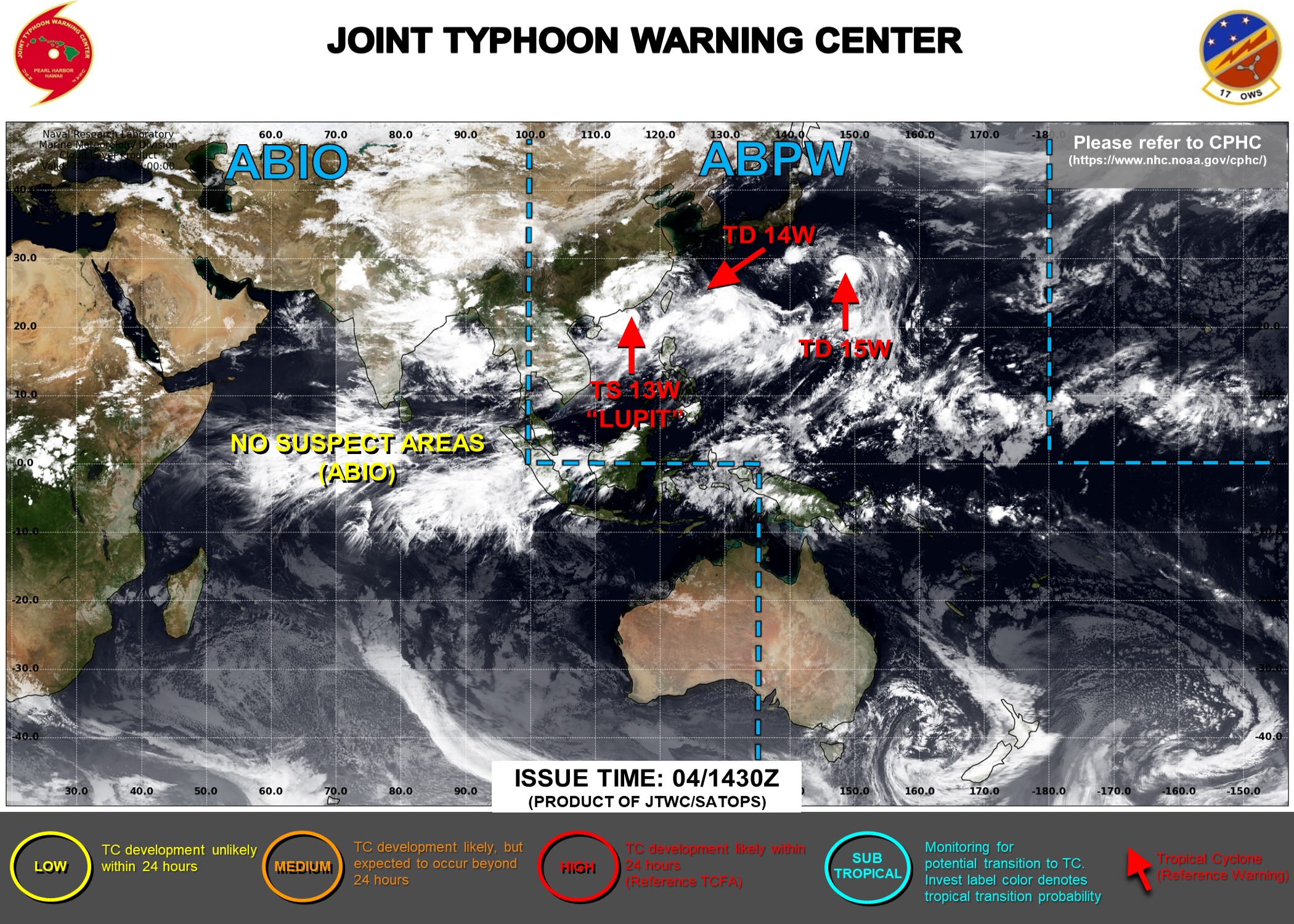 04/15UTC. JTWC ARE ISSUING 6HOURLY WARNINGS AND 3HOURLY SATELLITE BULLETINS ON 13W, 14W AND 15W.