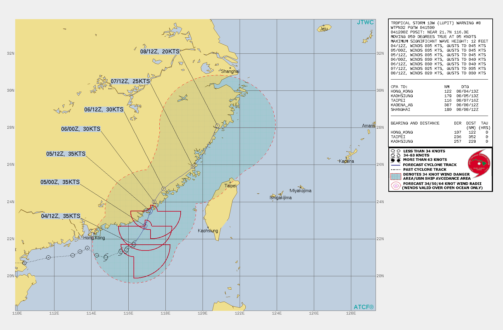 TS 13W(LUPIT). WARNING 8 ISSUED AT 04/15UTC.THERE ARE NO SIGNIFICANT CHANGES TO THE FORECAST FROM THE PREVIOUS WARNING.  FORECAST DISCUSSION: UNDER THE STEERING INFLUENCE OF THE NEAR EQUATORIAL RIDGE, TS LUPIT WILL CONTINUE ON A NORTHEASTWARD TRACK, MAKING LANDFALL AT 24H JUST SOUTH OF XIAMEN, CHINA, AND TRACK ALONG THE COASTLINE. THE MARGINALLY FAVORABLE ENVIRONMENT WILL SUSTAIN ITS CURRENT INTENSITY UP TO LANDFALL. AFTERWARD, LAND INTERACTION PLUS THE HIGH VWS WILL ERODE THE SYSTEM TOWARD DISSIPATION BY 96H, POSSIBLY SOONER.