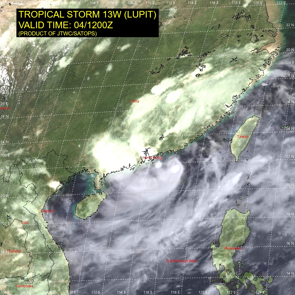 13W(LUPIT).SATELLITE ANALYSIS, INITIAL POSITION AND INTENSITY DISCUSSION: ANIMATED ENHANCED INFRARED (EIR) SATELLITE IMAGERY SHOWS A MIDGET SYSTEM THAT MAINTAINED OVERALL CONVECTIVE SIGNATURE OVER THE LAST SIX HOURS WITH THE MAIN FEEDER BAND WRAPPING IN FROM THE SOUTHWEST. THE INITIAL POSITION IS PLACED WITH HIGH CONFIDENCE BASED ON A  DEFINED LOW LEVEL CIRCULATION FEATURE IN A CMA COMPOSITE RADAR LOOP.  THE INITIAL INTENSITY IS BASED WITH HIGH CONFIDENCE ON OVERALL  ASSESSMENT OF AGENCY DVORAK ESTIMATES AND EXTRAPOLATION FROM A NEARBY SHIP SURFACE WIND AND PRESSURE OBSERVATIONS AND REFLECTS THE SUSTAINED CONVECTIVE SIGNATURE. ANALYSIS INDICATES A MARGINALLY  FAVORABLE ENVIRONMENT WITH MODERATE TO HIGH VERTICAL WIND SHEAR AND PROXIMITY TO  LAND OFFSET BY WARM SST AND MODERATE EQUATORWARD OUTFLOW.