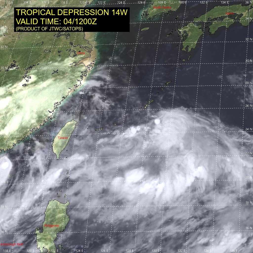 14W.SATELLITE ANALYSIS, INITIAL POSITION AND INTENSITY DISCUSSION: ANIMATED ENHANCED INFRARED (EIR) SATELLITE IMAGERY  SHOWS A BROAD, ELONGATED, AND CONSOLIDATING SYSTEM EMBEDDED IN THE MONSOON TROUGH WITH SEVERAL WEAK VORTICES, ALONG THE TROUGH WITH ONE EXPOSED  SPINNER TO THE WEST-NORTHWEST OF THE MAIN CONVECTION. THE INITIAL  POSITION IS PLACED WITH LOW CONFIDENCE ON THE CENTROID OF THE  VORTICES, JUST TO THE WEST OF THE MAIN CONVECTION THAT IS BEGINNING  TO WRAP. THE INITIAL INTENSITY IS ASSESSED WITH MEDIUM CONFIDENCE  HELD HIGHER THAN AGENCY DVORAK BUT SUPPORTED BY NEARBY SURFACE  OBSERVATIONS INCLUDING FROM NAHA, OKINAWA, AND REFLECTS THE IMPROVED  CONSOLIDATION. THE SYSTEM IS IN A FAVORABLE ENVIRONMENT WITH LOW  VWS, MODERATE EQUATORWARD OUTFLOW, AND WARM SSTS.