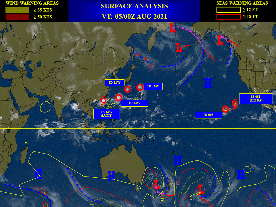 JTWC ARE ISSUING 6HOURLY WARNINGS ON 13W,14W,15W AND 12W(RESUMPTION OF WARNINGS AT 04/21UTC). 3HOURLY SATELLITE BULLETINS ARE ISSUED FOR THE 4 SYSTEMS.