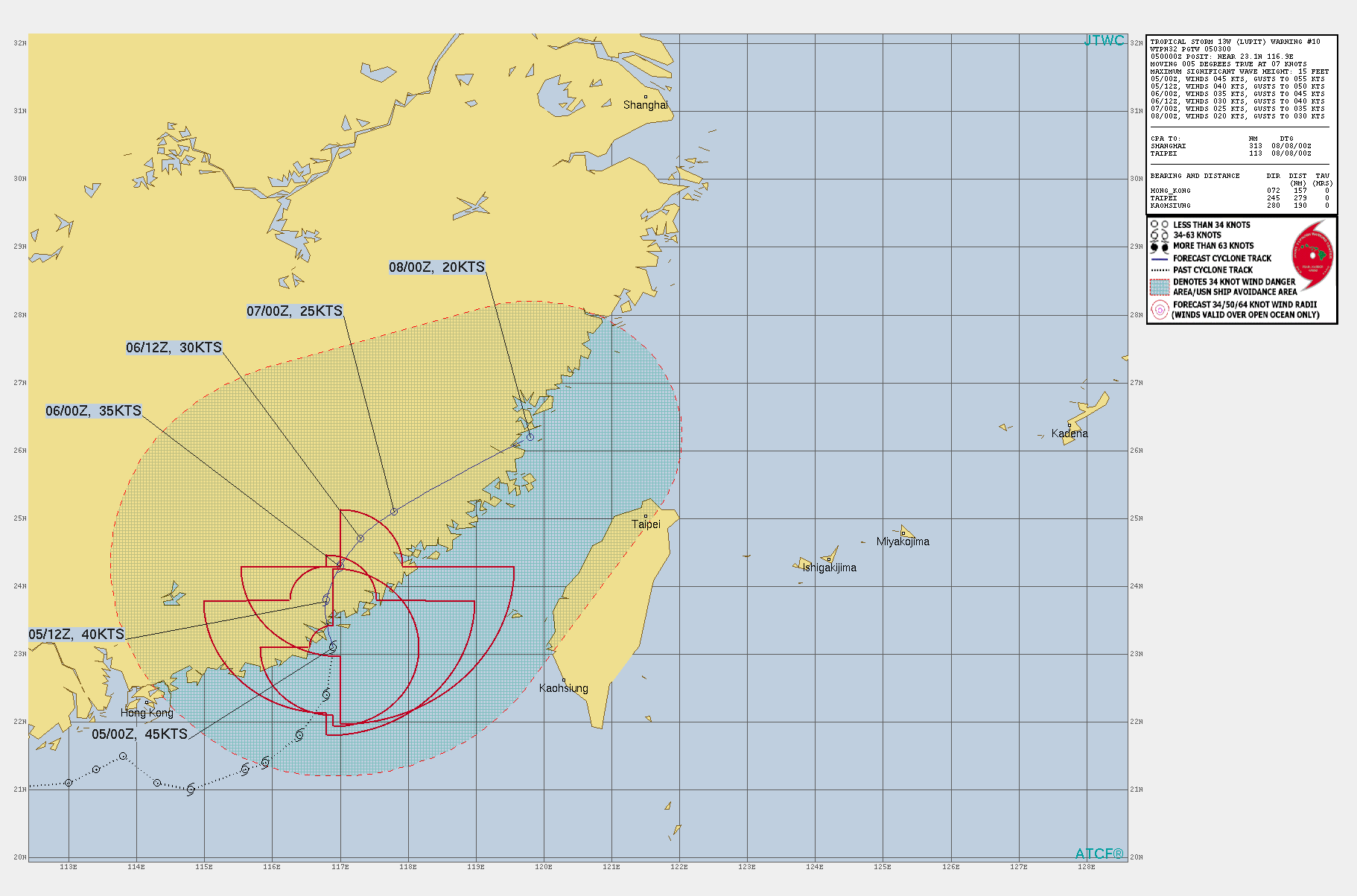 TS 13W(LUPIT). WARNING 10 ISSUED AT 05/03UTC.THERE ARE NO SIGNIFICANT CHANGES TO THE FORECAST FROM THE PREVIOUS WARNING.  FORECAST DISCUSSION: TROPICAL STORM 13W (LUPIT) IS NEARING LANDFALL IN CHINA, GETTING NUDGED NORTHWARD WITHIN THE MONSOON TROUGH AS IT GRADUALLY SHIFTS NORTHWARD. NUMERICAL MODEL GUIDANCE HAS HIGHER THAN NORMAL SPREAD IN THE SHORT-TERM TRACK, WITH GFS-BASED GUIDANCE TAKING LUPIT MORE NORTHWESTWARD AND DEEPER INLAND, WHILE THE ECMWF AND OTHER GUIDANCE TURNS NORTHEASTWARD AND STAYS CLOSER TO THE COAST. THE LATTER SCENARIO SEEMS MORE REASONABLE, GIVEN THAT NORTHERLY SHEAR IS EXPECTED TO CONTINUE DURING THE NEXT 48 HOURS, BIASING CONVECTION TOWARD THE SOUTHERN SIDE OF THE CIRCULATION AND TUGGING THE CENTER TOWARD THE COASTLINE. THE JTWC TRACK FORECAST KEEPS LUPIT OVER CHINA FOR ABOUT 60 HOURS, WHICH IS EXPECTED TO RESULT IN DISSIPATION BY 72 HOURS. HOWEVER, IT IS WORTH NOTING THAT SOME MODEL GUIDANCE, SUCH AS ECMWF, THE ECMWF ENSEMBLE, AND COAMPS-TC EXPECT THE VORTEX TO SURVIVE AND RESTRENGTHEN AFTER MOVING BACK OFFSHORE OVER THE EAST CHINA SEA. THIS SCENARIO COULD BE REALISTIC IF THE REMNANT VORTEX REFORMS OVER WATER WITHIN THE NEARBY MONSOON TROUGH, WHICH IS PROVIDING BACKGROUND VORTICITY. WHILE THE CURRENT FORECAST CONTINUES TO PREDICT DISSIPATION OVER LAND, THE POTENTIAL FOR REVIVAL OVER WATER WILL BE CLOSELY MONITORED.