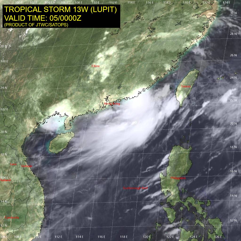 TS 13W(LUPIT).SATELLITE ANALYSIS, INITIAL POSITION AND INTENSITY DISCUSSION: ANIMATED VISIBLE SATELLITE AND RADAR IMAGERY CONTINUES TO SHOW A COMPACT AND WELL-ORGANIZED INNER CORE, SEPARATED FROM THE LARGER SPIRAL BANDS TO THE SOUTHEAST. NORTHEASTERLY VERTICAL SHEAR OF 15-20 KT IS RESULTING IN AN ASYMMETRIC CONVECTIVE STRUCTURE, WITH INNER CORE CONVECTION CONFINED TO THE SOUTHERN SIDE. STRONG EQUATORWARD OUTFLOW IS OBSERVED IN THE SOUTHERN SEMICIRCLE IN ANIMATED WATER VAPOR SATELLITE IMAGERY. A BROAD SWATH OF 30+ KT WINDS EXTENDS TO THE SOUTHEAST OF THE CIRCULATION CENTER, AIDED BY THE BACKGROUND MONSOONAL SOUTHWESTERLY FLOW THAT IS NOW FUNNELING INTO THE TAIWAN STRAIGHT. THE CURRENT INTENSITY IS SET AT 45 KT BASED ON A BLEND OF AGENCY DVORAK ESTIMATES. TROPICAL STORM 13W (LUPIT) IS NOW NEARING THE CHINESE COASTLINE EAST OF SHANTOU, AND IS EXPECTED TO MAKE LANDFALL DURING THE NEXT SEVERAL HOURS.