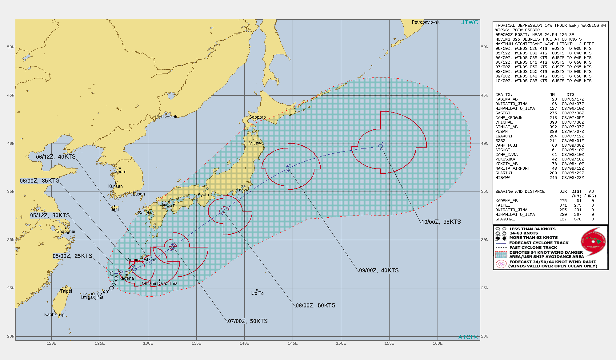 TD 14W. WARNING 4 ISSUED AT 05/03UTC.THERE ARE NO SIGNIFICANT CHANGES TO THE FORECAST FROM THE PREVIOUS WARNING.  FORECAST DISCUSSION: TD 14W HAS REMAINED QUASI-STATIONARY OVER THE PAST 12 HOURS WITH A BROAD, ILL-DEFINED LOW-LEVEL CIRCULATION CENTER. THUS, THERE IS SIGNIFICANT UNCERTAINTY IN THE POSITION AND TRACK MOTION. DUE TO THE COMPETING STEERING INFLUENCES, THERE IS MEDIUM CONFIDENCE WITH THE SYSTEM EXPECTED TO REMAIN SLOW MOVING AND ERRATIC. AFTER TAU 24, THE STR TO THE NORTH SHOULD WEAKEN IN RESPONSE TO AN APPROACHING SHORTWAVE TROUGH ALLOWING THE SYSTEM TO SLOWLY TRACK EAST-NORTHEASTWARD TO NORTHEASTWARD TOWARD THE KANTO PLAIN REGION OF CENTRAL JAPAN. TD 14W SHOULD GRADUALLY INTENSIFY TO A PEAK INTENSITY OF 50 KNOTS BY TAU 48 WITH GRADUAL WEAKENING AFTER TAU 72. AFTER TAU 96, TD 14W WILL BEGIN EXTRA-TROPICAL TRANSITION (ETT) AS IT INTERACTS WITH THE WESTERLIES AND THE BAROCLINIC ZONE. TD 14W SHOULD COMPLETE ETT BY TAU 120 AS IT GAINS FRONTAL CHARACTERISTICS.