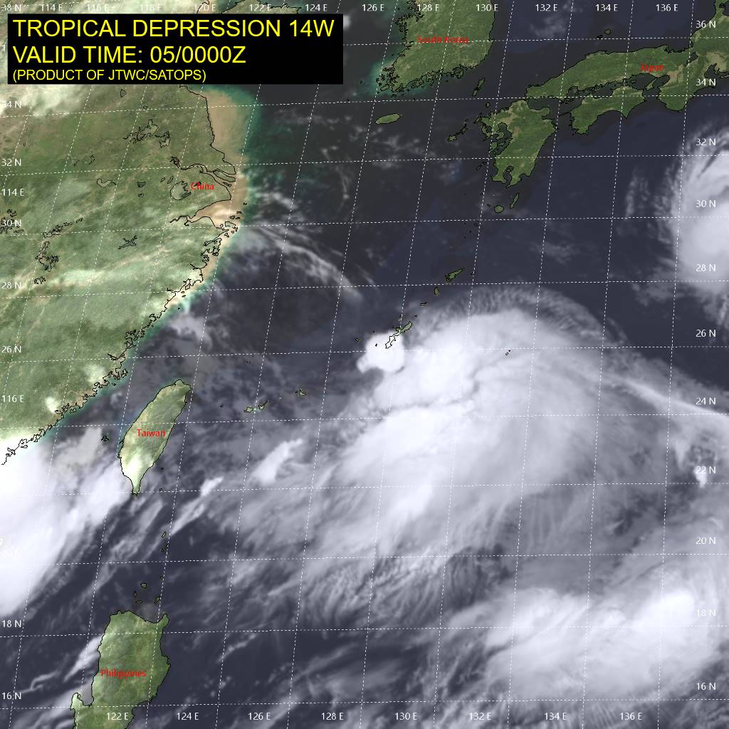 TD 14W.SATELLITE ANALYSIS, INITIAL POSITION AND INTENSITY DISCUSSION: ANIMATED MULTISPECTRAL SATELLITE IMAGERY (MSI) DEPICTS MULTIPLE MESOVORTICES ROTATING CYCLONICALLY ABOUT A CENTROID NEAR KUMEJIMA. THE TWO WESTERNMOST, EXPOSED MESOVORTICES ARE SLOWLY WEAKENING AND BECOMING LESS DEFINED. HOWEVER, ANIMATED RADAR IMAGERY REVEALS A STRONG, WELL-DEFINED MESOVORTEX, POSITIONED JUST EAST OF OKINAWA, TRACKING NORTHEASTWARD WITH 40-50 KNOT WINDS. OVERALL, THESE MESOVORTICES ARE DYNAMIC FEATURES OF THE BROAD LOW-LEVEL CIRCULATION WHICH EXTENDS FROM WEST OF OKINAWA TO EAST OF OKINAWA CONTRIBUTING SIGNIFICANT UNCERTAINTY AND LOW CONFIDENCE IN THE INITIAL POSITION AND SHORT-TERM TRACK MOTION. THE INITIAL INTENSITY OF 25 KTS IS ASSESSED WITH MEDIUM CONFIDENCE BASED ON AGENCY DVORAK ESTIMATES.