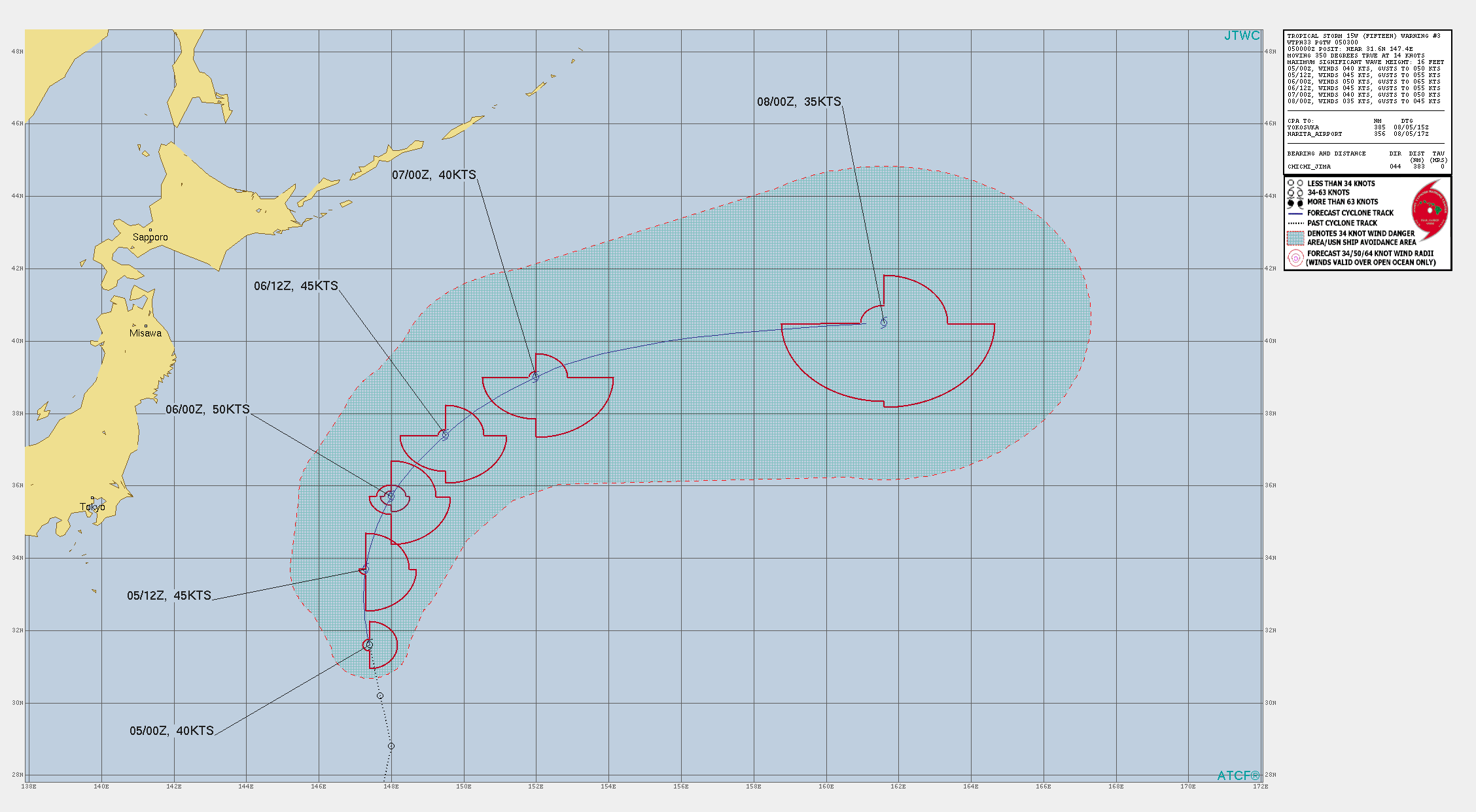 TS 15W. WARNING 3 ISSUED AT 05/03UTC.THERE ARE NO SIGNIFICANT CHANGES TO THE FORECAST FROM THE PREVIOUS WARNING.  FORECAST DISCUSSION: TS 15W WILL CONTINUE ON ITS CURRENT TRACK ALONG THE WESTERN PERIPHERY OF THE STR. AFTER TAU 18, IT WILL BEGIN TO ROUND THE STR AXIS THEN ACCELERATE NORTHEASTWARD AND INTENSIFY.  AS THE SYSTEM TRACKS POLEWARD, VWS WILL INCREASE AS IT APPROACHES  THE PREVAILING WESTERLIES. ADDITIONALLY, SSTS WILL BEGIN TO DROP  AFTER MAKING THE TURN NORTHEASTWARD. THE ENVIRONMENT WILL QUICKLY  BECOME MARGINAL BUT WILL STILL FUEL A SLIGHT INTENSIFICATION TO 50  KTS AT TAU 24. AFTERWARD, TS 15W WILL ENTER AN UNFAVORABLE  ENVIRONMENT WITH HIGH VWS AND LOW SSTS THAT WILL DECAY THE SYSTEM.  THERE IS A POSSIBILITY THAT THE SYSTEM WILL DISSIPATE BEFORE THE END  OF THE FORECAST PERIOD SHOULD THE MARGINAL ENVIRONMENT BECOME MORE  UNFAVORABLE. OTHERWISE, BY TAU 48, THE TS WILL BEGIN EXTRA-TROPICAL  TRANSITION (ETT) AND TRANSFORM INTO A GALE-FORCE COLD CORE LOW BY  TAU 72.