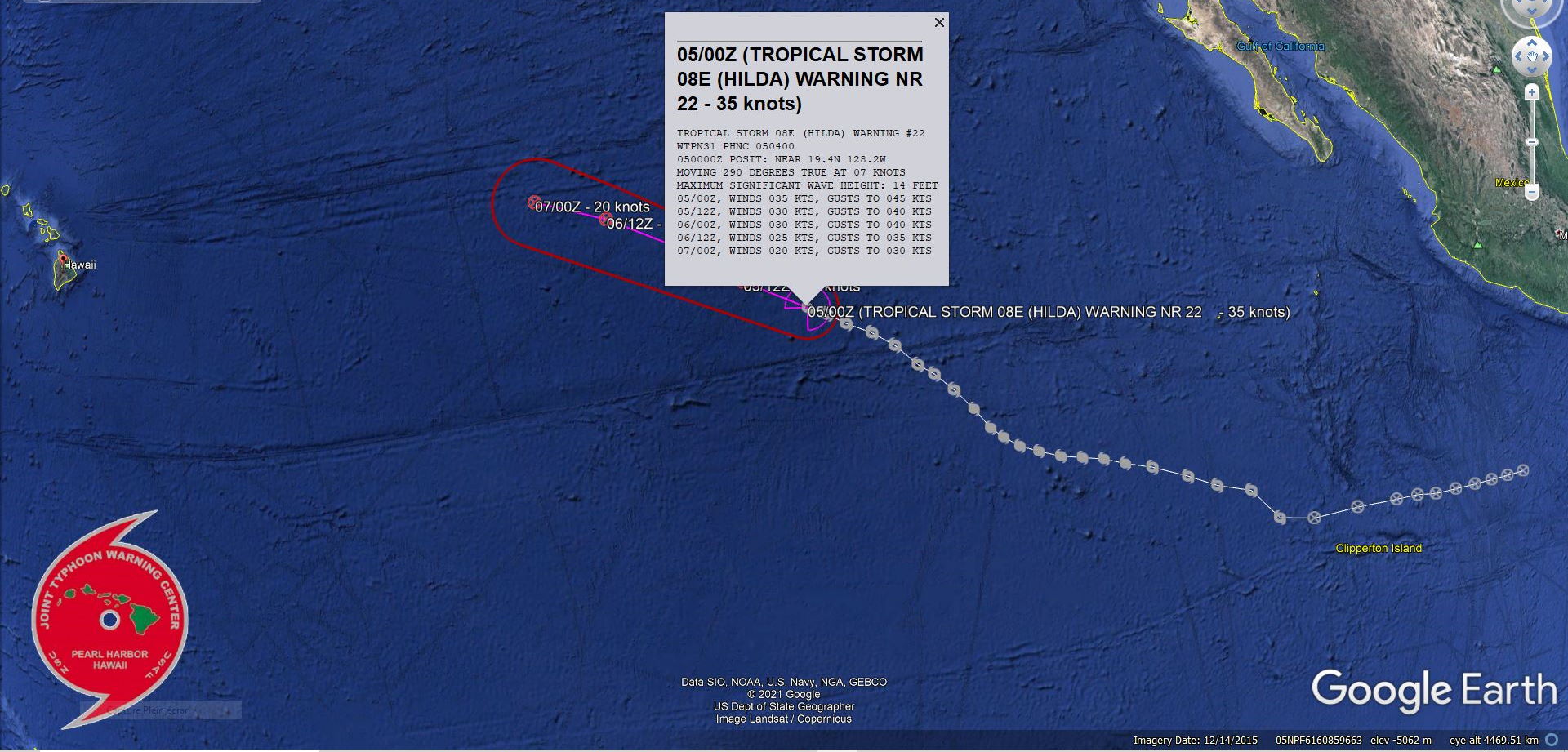 EASTERN PACIFIC. TS 08E(HILDA). WARNING 22 ISSUED AT 05/04UTC. INTENSITY IS FORECAST TO FALL BELOW 35KNOTS WITHIN 12H.