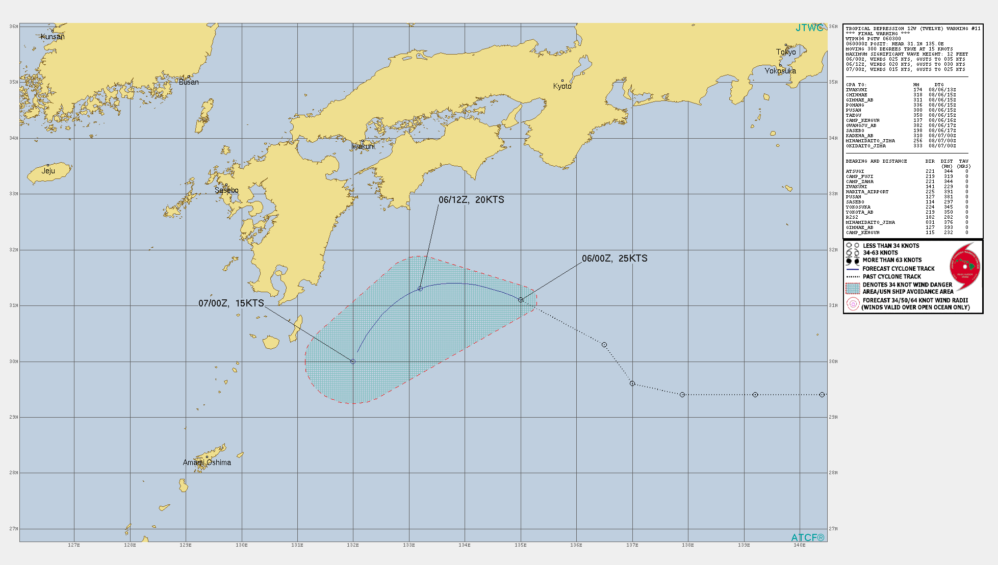 TD 12W. WARNING 11 ISSUED AT 06/03UTC.REMARKS: 060300Z POSITION NEAR 31.1N 134.5E. 06AUG21. TROPICAL DEPRESSION 12W (TWELVE), LOCATED APPROXIMATELY 445 KM SOUTHEAST OF IWAKUNI, JAPAN, HAS TRACKED WEST- NORTHWESTWARD AT 29 KM/H OVER THE PAST SIX HOURS. ANIMATED  MULTISPECTRAL SATELLITE IMAGERY (MSI) DEPICTS A FULLY EXPOSED LOW  LEVEL CIRCULATION CENTER (LLCC). THE INITIAL POSITION IS ASSESSED  WITH HIGH CONFIDENCE BASED ON THE AFOREMENTIONED MSI, AS WELL AS THE  PGTW SATELLITE FIX. TD 12W IS CURRENTLY EXPERIENCING DIRECT CYCLONE  INTERACTION WITH THE STRONGER AND MORE DOMINANT TS 14W, WHICH IS  POSITIONED ABOUT 575KM TO THE SOUTHWEST. AS A RESULT, TD 12W IS  BEING ACCELERATED AROUND 14W'S NORTHERN PERIPHERY WHILE ENCOUNTERING  INCREASING VERTICAL WIND SHEAR (VWS). IN ADDITION, THERE IS DRY AIR  ENTRAINMENT IN THE MID AND UPPER LEVELS THROUGHOUT THE FORECAST  PERIOD. THE AMOUNT OF VWS BEING INTRODUCED BY THE RAPIDLY  APPROACHING TS 14W TO THE SOUTHWEST IS HINDERING ANY FURTHER  DEVELOPMENT.  THIS IS THE FINAL  WARNING ON THIS SYSTEM BY THE JOINT TYPHOON WRNCEN PEARL HARBOR HI.  THE SYSTEM WILL BE CLOSELY MONITORED FOR SIGNS OF REGENERATION.  MAXIMUM SIGNIFICANT WAVE HEIGHT AT 060000Z IS 12 FEET.