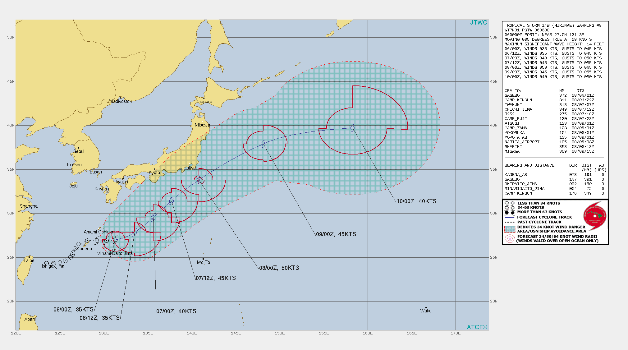 TS 14W(MIRINAE). WARNING 8 ISSUED AT 06/03UTC.THERE ARE NO SIGNIFICANT CHANGES TO THE FORECAST FROM THE PREVIOUS WARNING.  FORECAST DISCUSSION: TS 14W IS CURRENTLY EMBEDDED WITHIN A REVERSE ORIENTED MONSOON TROUGH, ALONG THE NORTHERN EDGE OF THE STRONG BAND OF MONSOONAL WEST-SOUTHWESTERLY FLOW. TS 14W WILL TRACK EAST-NORTHEASTERLY ALONG THIS FLOW THROUGH 36H AND THEN TURN NORTHEASTERLY THROUGH 72H AS IT TRACKS UNDER A STRONG SUBTROPICAL RIDGE POSITIONED SOUTHEAST OF JAPAN. NEAR 72H, THE SYSTEM IS EXPECTED TO BEGIN EXTRA-TROPICAL TRANSITION (ETT) AS IT BEGINS INTERACTING WITH THE BAROCLINIC ZONE TO THE EAST OF NORTHERN HONSHU. THE SYSTEM IS EXPECTED TO COMPLETE ETT AS A GALE FORCE LOW NO LATER THAN 96H.