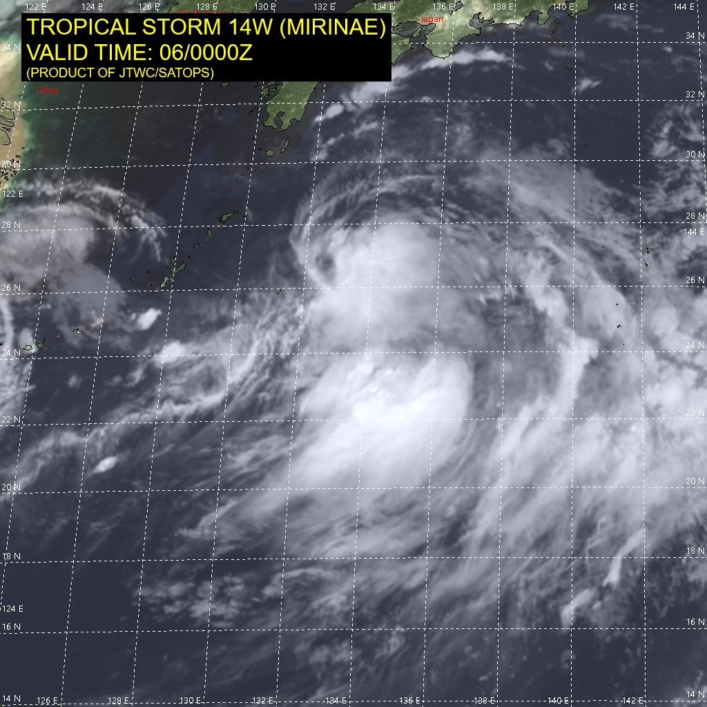 TS 14W(MIRINAE). SATELLITE ANALYSIS, INITIAL POSITION AND INTENSITY DISCUSSION: ANIMATED MULTISPECTRAL SATELLITE IMAGERY (MSI) DEPICTS AN EXPOSED, WELL-DEFINED LOW-LEVEL CIRCULATION (LLC) WITH PERSISTENT DEEP CONVECTION SHEARED TO THE EAST AND SOUTHEAST. THE INITIAL POSITION IS PLACED WITH HIGH CONFIDENCE BASED ON MSI. A 060035UTC ASCAT-B BULLSEYE IMAGE SHOWS A BROAD CIRCULATION WITH A SWATH OF 35 KNOT WINDS OVER THE SOUTHERN SEMICIRCLE, WHICH SUPPORTS THE INITIAL INTENSITY WITH HIGH CONFIDENCE. ALTHOUGH VERTICAL WIND SHEAR IS FAVORABLE, A SHARP UPPER-LEVEL TROUGH LOCATED OVER THE WESTERN PERIPHERY OF THE SYSTEM IS LIMITING DEEP CONVECTION.