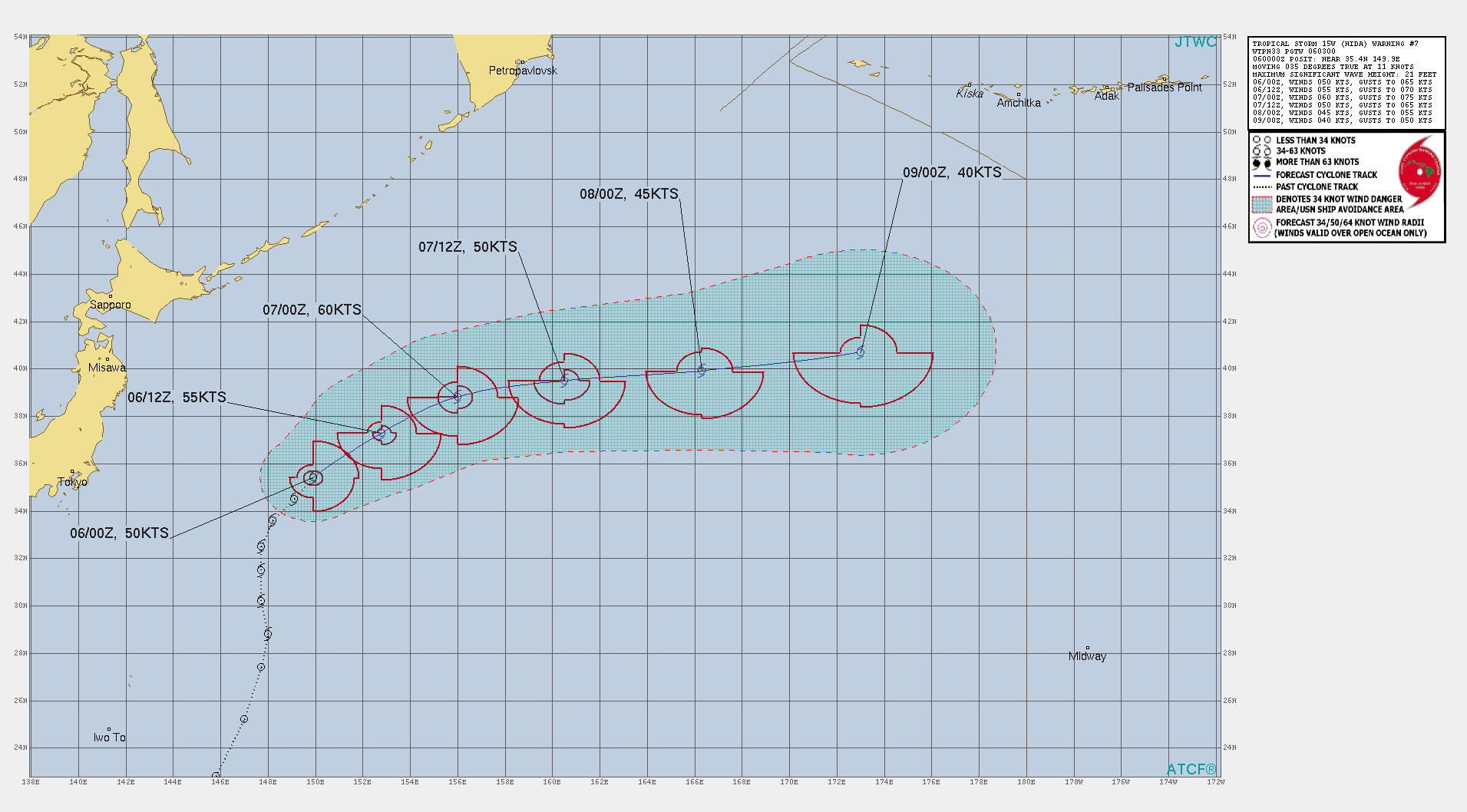 TS 15W(NIDA). WARNING 7 ISSUED AT 06/03UTC.SIGNIFICANT FORECAST CHANGES: DUE TO THE RAPID CONSOLIDATION, THE  PEAK INTENSITY HAS BEEN INCREASED TO 60 KNOTS.  FORECAST DISCUSSION: TROPICAL STORM 15W (NIDA) WILL CONTINUE TRACKING GENERALLY NORTHEASTWARD AROUND THE PERIPHERY OF A SUBTROPICAL RIDGE TO THE EAST-SOUTHEAST OVER THE NEXT 24 HOURS, THEN SHIFT MORE EASTWARD THEREAFTER. VERTICAL WIND SHEAR IS EXPECTED  TO REMAIN LOW UNTIL 36H AND SEA SURFACE TEMPERATURES (SST) WILL BE 26-27 DEGREES CELSIUS WHICH WILL CONTRIBUTE TO A SHARP INTENSIFICATION TO THE PEAK INTENSITY OF 60 KNOTS BY 24H. AT 36H THE SYSTEM IS EXPECTED TO WEAKEN AS IT TRANSITS TO AN AREA OF STRONGER VERTICAL WIND SHEAR. AFTER 48H, TS NIDA WILL MOVE OVER COLDER WATERS THROUGHOUT THE REMAINDER OF THE FORECAST PERIOD. EXTRATROPICAL TRANSITION IS EXPECTED TO BEGIN AROUND 48 HOURS AND COMPLETE BY 72 HOURS AS TS NIDA INTERACTS WITH THE POLAR FRONT. THE JTWC FORECAST IS VERY SIMILAR TO THE PREVIOUS ONE.