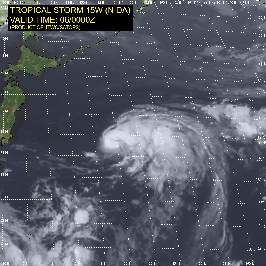 TS 15W(NIDA). SATELLITE ANALYSIS, INITIAL POSITION AND INTENSITY DISCUSSION: ANIMATED MULTISPECTRAL SATELLITE IMAGERY (MSI) DEPICTS A RAPIDLY CONSOLIDATING SYSTEM THAT HAS BECOME MORE VERTICALLY ALIGNED OVER THE LAST 6 HOURS OVER A LOW LEVEL CIRCULATION CENTER (LLCC). A 052106UTC SSMIS 91GHZ MICROWAVE PASS INDICATES TIGHTLY CURVED BANDING WITH DEEP CONVECTION DIRECTLY WEST OF THE LLCC AND IN THE EASTERN SEMICIRCLE. A 060032UTC ASCAT-B DIRECT PASS REVEALS A 40-45 KNOT WIND FIELD IN THE SOUTHEAST QUADRANT AND LOWER WINDS ELSEWHERE. THE INITIAL POSITION IS PLACED WITH HIGH CONFIDENCE BASED ON THE AFOREMENTIONED MSI AND ASCAT PASS. THE INITIAL INTENSITY OF 50 KNOTS IS HEDGED HIGHER THAN THE 060032UTC ASCAT PASS AND MULTIPLE AGENCY DVORAK ESTIMATES.