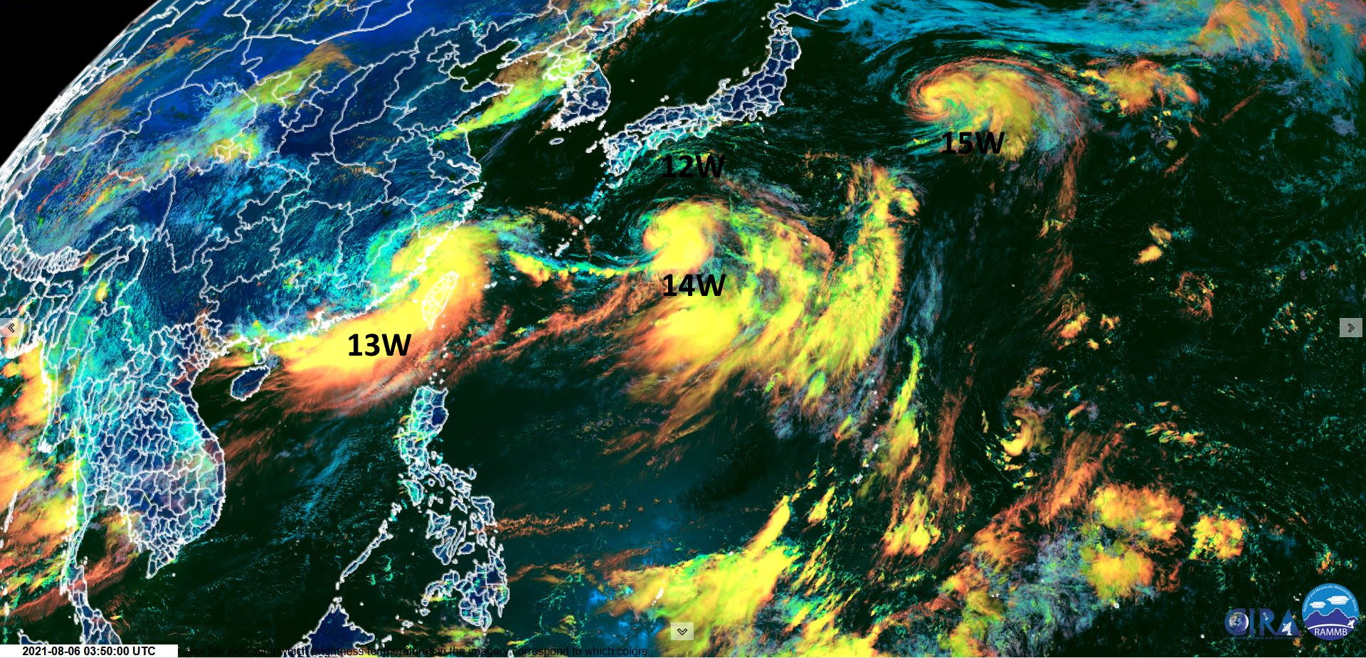 06/0350UTC. 12W EXPERIENCING DIRECT CYCLONE INTERACTION WITH STRONGER 14W. 15W INTENSIFYING. 13W FORECAST TO PEAK BY 72H.