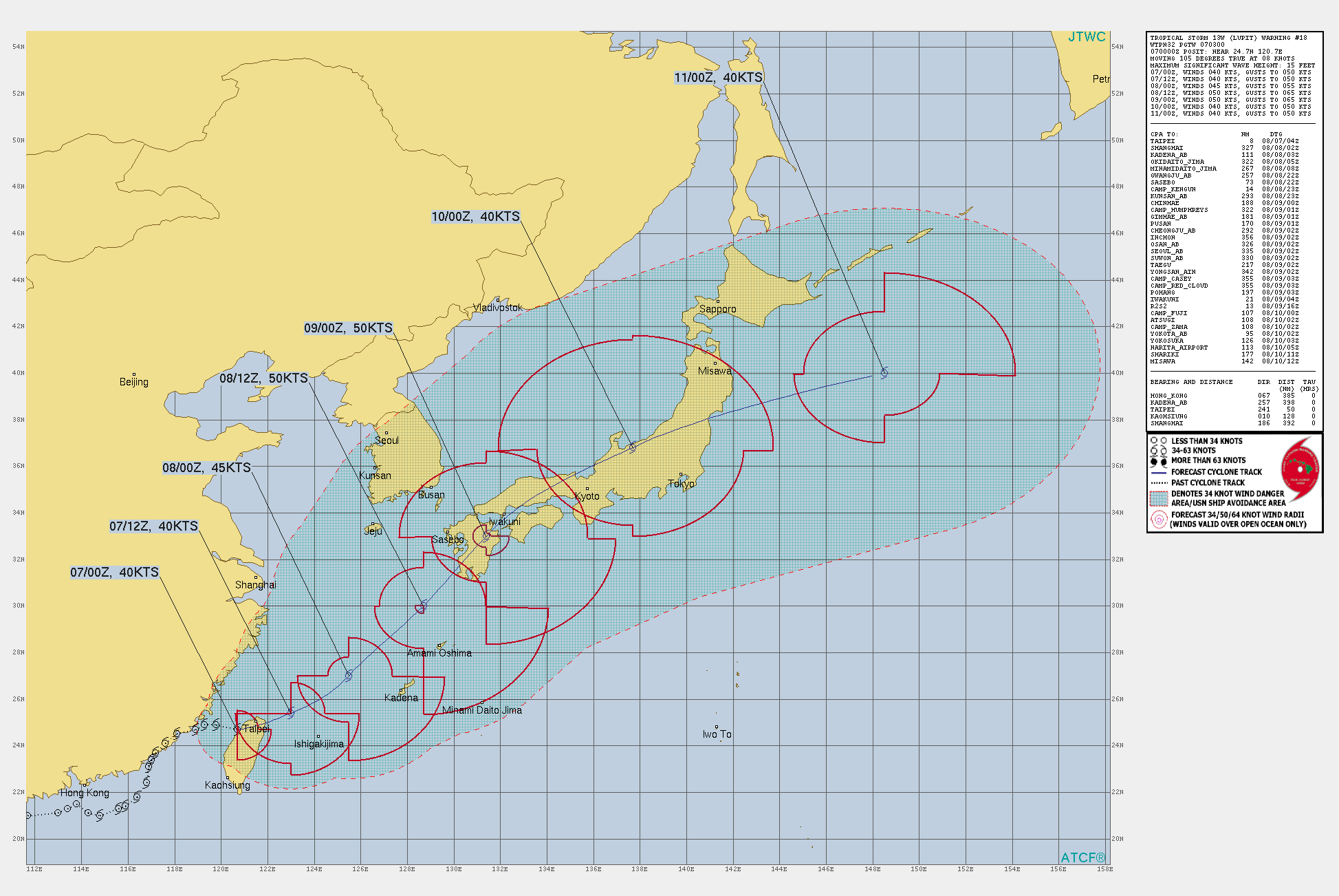 TS 13W(LUPIT). WARNING 18 ISSUED AT 07/03UTC.THERE ARE NO SIGNIFICANT CHANGES TO THE FORECAST FROM THE PREVIOUS WARNING.  FORECAST DISCUSSION: TROPICAL STORM 13W (LUPIT) TOOK A TEMPORARY JOG TOWARD THE SOUTHEAST BUT HAS RESUMED AN EAST-NORTHEASTWARD TRAJECTORY AS IT MAKES LANDFALL OVER NORTHERN TAIWAN. THE SYSTEM IS FORECAST TO HEAVILY INTERACT WITH THE COMPLEX TERRAIN OF TAIWAN OVER THE NEXT 6 TO 12 HOURS, SO THERE IS LOW CONFIDENCE IN THE SHORT-TERM TRACK AND INTENSITY FORECASTS. THE SOUTHWESTERLY MONSOON  FLOW IS SPLIT TO THE WEST AND EAST OF TAIWAN, WITH THE LATTER REGION  CONTINUING TO EXHIBIT SOME EVIDENCE OF LEE SURFACE TROUGH FORMATION  TO THE NORTHEAST OF TAIWAN, WHICH COULD IMPACT THE TRACK AND  REDEVELOPMENT OF THE LLCC ONCE IT EXITS BACK OVER OPEN WATER EAST- NORTHEAST OF TAIPEI. BETWEEN 12H AND 36H, LUPIT IS FORECAST TO  TRACK NORTHEASTWARD TOWARD KYUSHU AND WILL BE LOCATED TO THE  NORTHWEST OF OKINAWA, JAPAN AROUND 24-30H. THE TIMING AND  POSITION OF THE TRACK WILL DEPEND UPON THE REORGANIZATION OF THE  LLCC ONCE THE SYSTEM CROSSES THE LONGITUDE OF THE TAIWAN CENTRAL  MOUNTAIN RANGE. INTENSIFICATION TO A PEAK INTENSITY OF AROUND 50  KNOTS IS EXPECTED PRIOR TO LANDFALL IN KYUSHU. EXTRATROPICAL  TRANSITION SHOULD BEGIN AS LUPIT CROSSES HONSHU, WITH TRANSITION  COMPLETE BY 96H UPON EXITING JAPAN.
