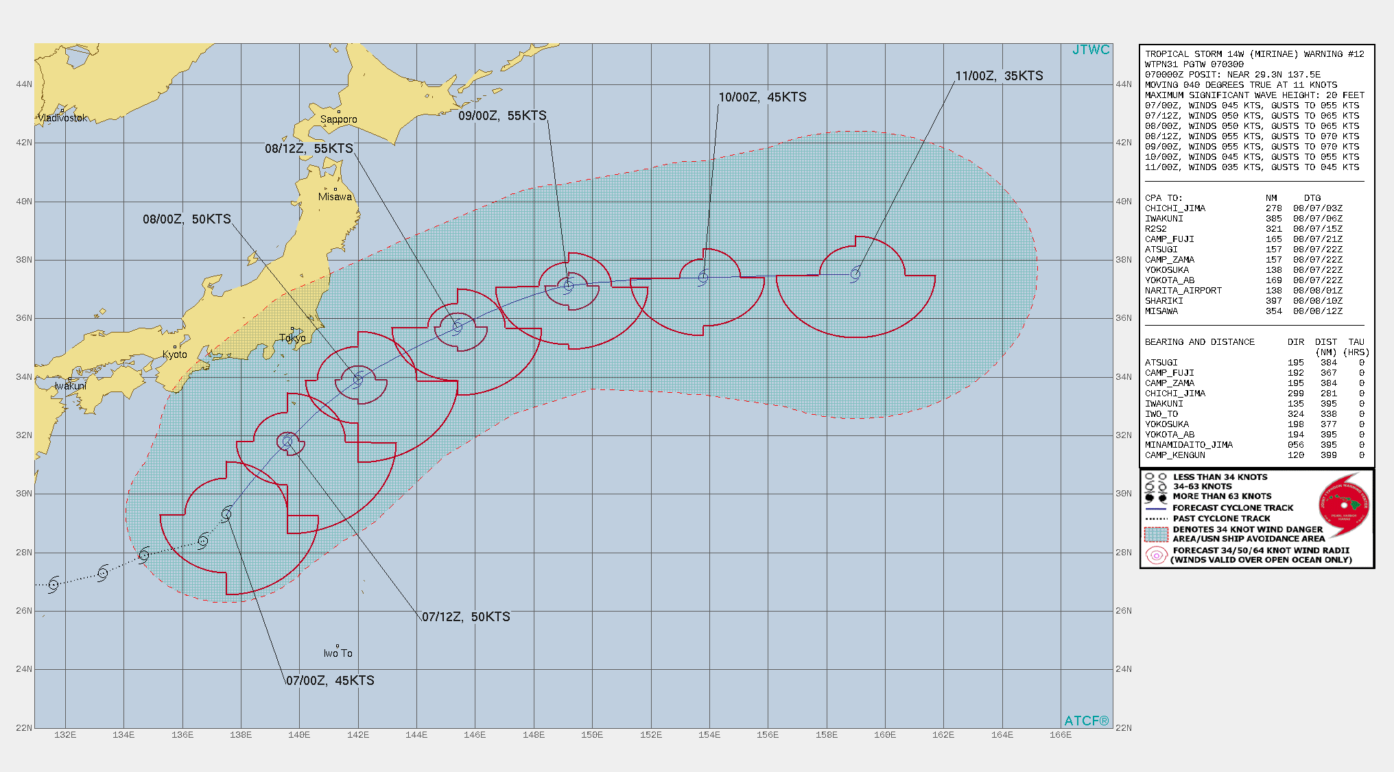 TS 14W(MIRINAE). WARNING 12 ISSUED AT 07/03UTC.THERE ARE NO SIGNIFICANT CHANGES TO THE FORECAST FROM THE PREVIOUS WARNING.  FORECAST DISCUSSION: TROPICAL STORM 14W (MIRINAE) CONTINUES TO TRACK TOWARD THE NORTHEAST. THE MAJOR SHORTWAVE TROUGH TO THE WEST  HAS DEGRADED STRUCTURE, AND DRIER AIR HAS WRAPPED INSIDE THE SYSTEM.  THE SYSTEM IS FORECAST TO ACCELERATE NORTHEASTWARD THROUGH 24H,  THEN TURN EASTWARD BY 36H AS IT MERGES INTO THE STRONG EAST-WEST  ORIENTED BAROCLINIC ZONE NEAR THE 38TH PARALLEL. THEREAFTER, THE  SYSTEM WILL ENCOUNTER COOLER SSTS AND VERTICAL WIND SHEAR WILL BEGIN TO DOMINATE THE  OUTFLOW ALOFT, LEADING TO STEADY WEAKENING THROUGH THE REMAINDER OF  THE FORECAST PERIOD. THE SYSTEM IS EXPECTED TO BEGIN EXTRA-TROPICAL  TRANSITION (ETT) BY 72H AND, AS IT MOVES UNDER STRONG MID- LATITUDE WESTERLIES AND DEVELOPS FRONTAL CHARACTERISTICS, WILL  COMPLETE ETT NO LATER THAN 96H.