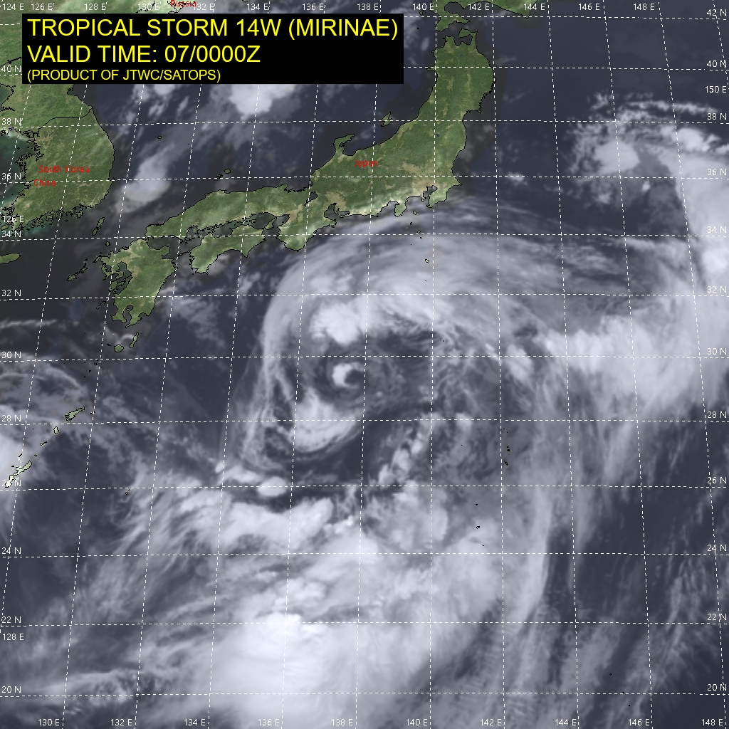 TS 14W(MIRINAE). SATELLITE ANALYSIS, INITIAL POSITION AND INTENSITY DISCUSSION: ANIMATED MULTISPECTRAL SATELLITE IMAGERY (MSI) DEPICTS A FULLY EXPOSED LOW LEVEL CIRCULATION CENTER (LLCC) WITH TIGHT BANDING WRAPPING INTO THE LLCC FROM THE SOUTHERN AND EASTERN PERIPHERIES. FURTHER ANALYSIS INDICATES DEEP FLARING CONVECTION IN THE NORTHWEST QUADRANT. A BULLSEYE 070014UTC METOP-B ASCATT PASS SHOWS A WELL DEFINED CENTER WITH A 40-45 KNOT WIND FIELD TO THE SOUTHEAST OF THE LLCC. THE INITIAL POSITION AND INITIAL INTENSITY OF 45 KNOTS ARE ASSESSED WITH HIGH CONFIDENCE BASED ON THE AFOREMENTIONED MSI AND ASCAT DATA. TS 14W(MIRINAE). SATELLITE ANALYSIS, INITIAL POSITION AND INTENSITY DISCUSSION: ANIMATED MULTISPECTRAL SATELLITE IMAGERY (MSI) DEPICTS A FULLY EXPOSED LOW LEVEL CIRCULATION CENTER (LLCC) WITH TIGHT BANDING WRAPPING INTO THE LLCC FROM THE SOUTHERN AND EASTERN PERIPHERIES. FURTHER ANALYSIS INDICATES DEEP FLARING CONVECTION IN THE NORTHWEST QUADRANT. A BULLSEYE 070014UTC METOP-B ASCATT PASS SHOWS A WELL DEFINED CENTER WITH A 40-45 KNOT WIND FIELD TO THE SOUTHEAST OF THE LLCC. THE INITIAL POSITION AND INITIAL INTENSITY OF 45 KNOTS ARE ASSESSED WITH HIGH CONFIDENCE BASED ON THE AFOREMENTIONED MSI AND ASCAT DATA.