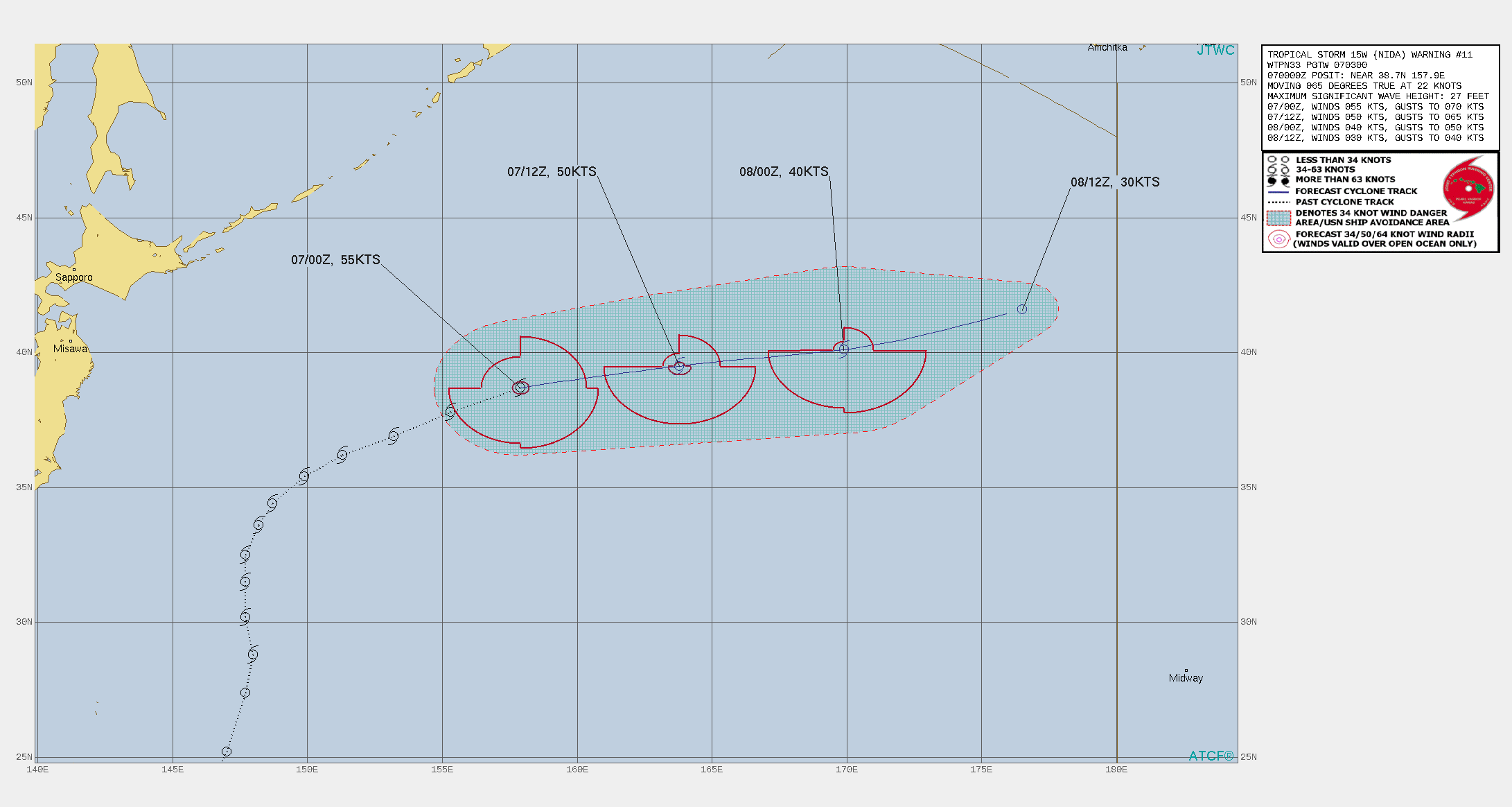 TS 15W(NIDA). WARNING 11 ISSUED AT 07/03UTC.THERE ARE NO SIGNIFICANT CHANGES TO THE FORECAST FROM THE PREVIOUS WARNING.  FORECAST DISCUSSION: TROPICAL STORM 15W (NIDA) HAS ACCELERATED EAST- NORTHEASTWARD OVER THE PAST 6 HOURS ALONG THE NORTHERN PERIPHERY OF  THE DEEP SUBTROPICAL RIDGE LOCATED TO THE SOUTH. TS 15W IS EXPECTED TO MAINTAIN  THIS GENERAL TRACK THROUGHOUT THE FORECAST PERIOD. VERTICAL WIND SHEAR IS FORECAST  TO STEADILY INCREASE AS THE SYSTEM APPROACHES THE BAROCLINIC ZONE BY  24H. TS 15W HAS ALREADY MOVED NORTH OF THE 26C ISOTHERM AND  INTERACTION WITH THE COOLER WATERS WILL ASSIST IN INITIATING  EXTRATROPICAL TRANSITION.