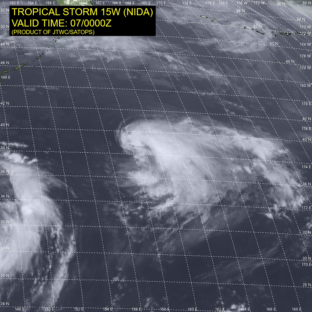 TS 15W(NIDA). SATELLITE ANALYSIS, INITIAL POSITION AND INTENSITY DISCUSSION: ANIMATED MULTISPECTRAL SATELLITE IMAGERY (MSI) DEPICTS A SLIGHTLY SHEARED, COMPACT SYSTEM WITH PERSISTENT DEEP CONVECTION THAT HAS BEEN DISPLACED TO THE EAST OF THE ASSESSED LOW LEVEL CIRCULATION  CENTER (LLCC). THE INITIAL POSITION IS PLACED WITH HIGH CONFIDENCE  BASED ON THE AFOREMENTIONED MSI AND A PARTIAL 070010UTC METOP-B ASCAT  PASS. THE INITIAL INTENSITY OF 55 KNOTS IS ASSESSED WITH MEDIUM  CONFIDENCE HEDGED HIGHER THAN THE PGTW DVORAK ESTIMATE AND LOWER  THAN THE MORE AGGRESSIVE ADT AND SATCON ESTIMATES. TS 15W(NIDA). SATELLITE ANALYSIS, INITIAL POSITION AND INTENSITY DISCUSSION: ANIMATED MULTISPECTRAL SATELLITE IMAGERY (MSI) DEPICTS A SLIGHTLY SHEARED, COMPACT SYSTEM WITH PERSISTENT DEEP CONVECTION THAT HAS BEEN DISPLACED TO THE EAST OF THE ASSESSED LOW LEVEL CIRCULATION  CENTER (LLCC). THE INITIAL POSITION IS PLACED WITH HIGH CONFIDENCE  BASED ON THE AFOREMENTIONED MSI AND A PARTIAL 070010UTC METOP-B ASCAT  PASS. THE INITIAL INTENSITY OF 55 KNOTS IS ASSESSED WITH MEDIUM  CONFIDENCE HEDGED HIGHER THAN THE PGTW DVORAK ESTIMATE AND LOWER  THAN THE MORE AGGRESSIVE ADT AND SATCON ESTIMATES.