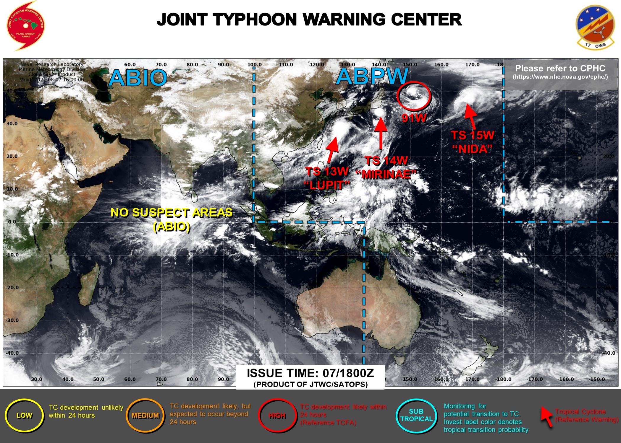 JTWC ARE ISSUING 6HOURLY WARNINGS ON 13W AND 14W. WARNING 12/FINAL WAS ISSUED ON 15W AT 07/09UTC. INVEST 91W WAS UP-GRADED TO HIGH AT 07/17UTC. 3HOURLY SATELLITE BULLETINS ARE ISSUED ON 13W,14W AND 15W. JTWC ARE ISSUING 6HOURLY WARNINGS ON 13W AND 14W. WARNING 12/FINAL WAS ISSUED ON 15W AT 07/09UTC. INVEST 91W WAS UP-GRADED TO HIGH AT 07/17UTC. 3HOURLY SATELLITE BULLETINS ARE ISSUED ON 13W,14W AND 15W.