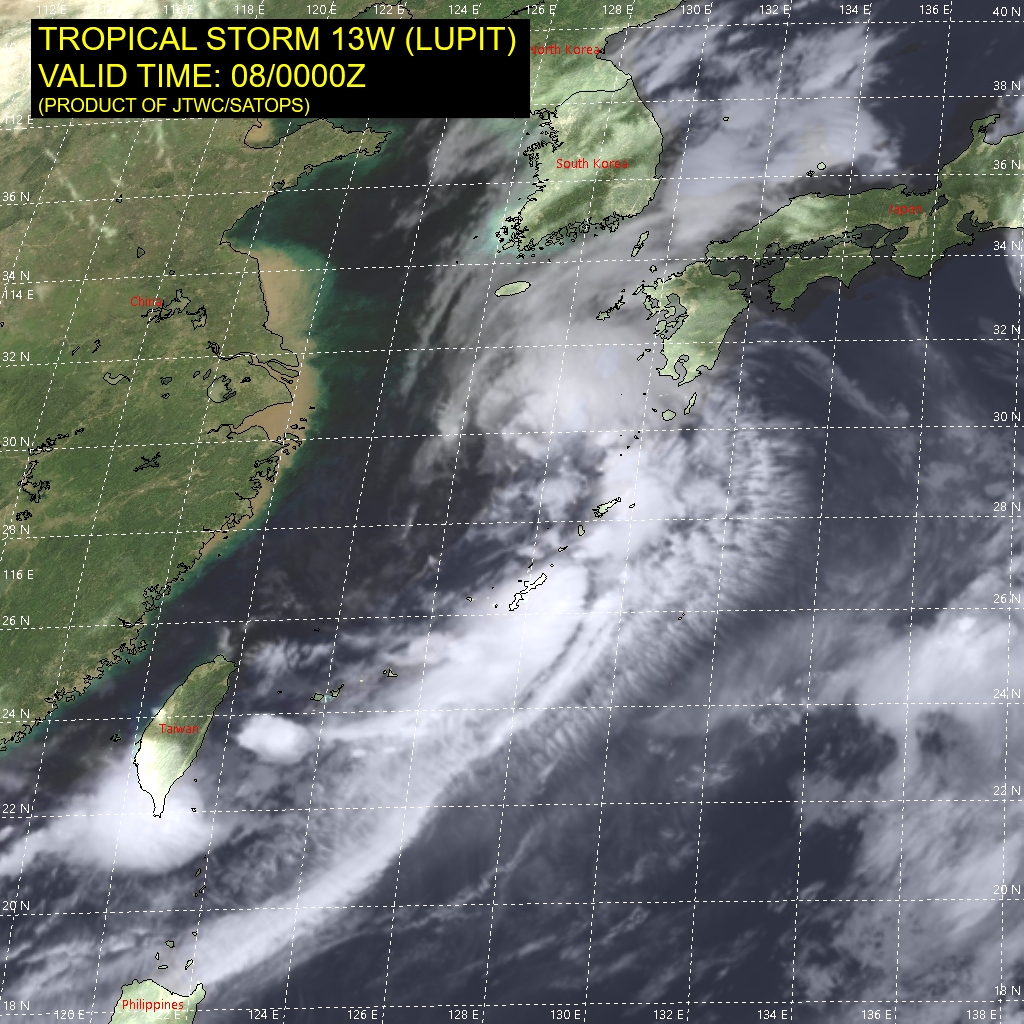TS 13W(LUPIT). SATELLITE ANALYSIS, INITIAL POSITION AND INTENSITY DISCUSSION: ANIMATED MULTISPECTRAL SATELLITE IMAGERY (MSI) AND JMA RADAR IMAGERY DEPICT A LOW-LEVEL CIRCULATION (LLC) THAT CONTINUES TO BE ELONGATED ALONG A SOUTHWEST TO NORTHEAST AXIS. CONVECTIVE BANDING CONTINUES TO BE HIGHLY ASYMMETRIC, CONFINED MOSTLY TO THE EASTERN SIDE, BUT HAS EXPANDED INTO THE NORTHERN SEMICIRCLE DURING THE PAST SIX HOURS. THE WIND FIELD IS QUITE BROAD, WITH MAXIMUM WINDS LOCATED WITHIN THE PRIMARY CONVECTIVE BAND 185-280 KM SOUTHEAST OF THE CIRCULATION CENTER. SURFACE OBSERVATIONS AT KASARI, JAPAN, MEASURED SUSTAINED WINDS OF 35 KNOTS WITH A MAXIMUM GUST OF 50 KNOTS AT 072340UTC ON THE EASTERN SIDE OF THE CIRCULATION. THE CURRENT INTENSITY OF TROPICAL STORM 13W (LUPIT) IS ESTIMATED AT 40 KNOTS BASED ON A BLEND OF SURFACE OBSERVATIONS AND THE PGTW DVORAK ESTIMATE OF T3.0 (45 KNOTS). TS 13W(LUPIT). SATELLITE ANALYSIS, INITIAL POSITION AND INTENSITY DISCUSSION: ANIMATED MULTISPECTRAL SATELLITE IMAGERY (MSI) AND JMA RADAR IMAGERY DEPICT A LOW-LEVEL CIRCULATION (LLC) THAT CONTINUES TO BE ELONGATED ALONG A SOUTHWEST TO NORTHEAST AXIS. CONVECTIVE BANDING CONTINUES TO BE HIGHLY ASYMMETRIC, CONFINED MOSTLY TO THE EASTERN SIDE, BUT HAS EXPANDED INTO THE NORTHERN SEMICIRCLE DURING THE PAST SIX HOURS. THE WIND FIELD IS QUITE BROAD, WITH MAXIMUM WINDS LOCATED WITHIN THE PRIMARY CONVECTIVE BAND 185-280 KM SOUTHEAST OF THE CIRCULATION CENTER. SURFACE OBSERVATIONS AT KASARI, JAPAN, MEASURED SUSTAINED WINDS OF 35 KNOTS WITH A MAXIMUM GUST OF 50 KNOTS AT 072340UTC ON THE EASTERN SIDE OF THE CIRCULATION. THE CURRENT INTENSITY OF TROPICAL STORM 13W (LUPIT) IS ESTIMATED AT 40 KNOTS BASED ON A BLEND OF SURFACE OBSERVATIONS AND THE PGTW DVORAK ESTIMATE OF T3.0 (45 KNOTS).