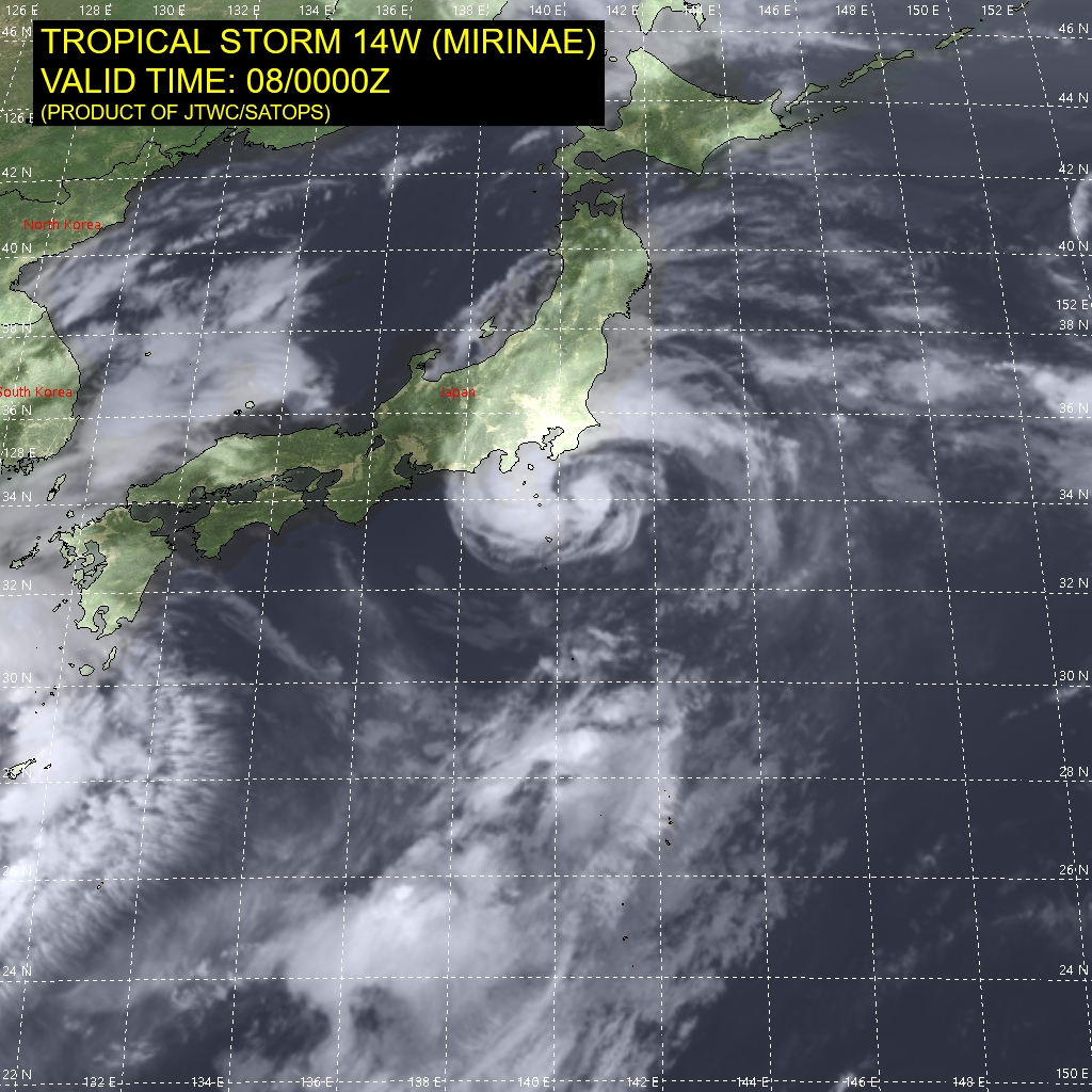 TS 14W(MIRINAE). SATELLITE ANALYSIS, INITIAL POSITION AND INTENSITY DISCUSSION: ANIMATED MULTISPECTRAL SATELLITE IMAGERY (MSI) AND JMA RADAR IMAGERY DEPICT A WELL-ORGANIZED LOW-LEVEL CIRCULATION (LLC), WITH A STRONG PRIMARY CONVECTIVE BAND WRAPPING AROUND THE NORTH AND WEST SIDE, SPIRALING INTO THE CIRCULATION CENTER WHERE DISTINCT BANDING HAS HAD THE APPEARANCE OF A PARTIAL EYEWALL AT TIMES OVER THE PAST SIX HOURS. DRY AIR IS NOW WRAPPING AROUND THE SOUTHERN SEMICIRCLE INTO THE EASTERN SEMICIRCLE, ERODING SOME OF THE CORE CONVECTION ON THAT SIDE. THIS APPEARS TO BE THE PRIMARY ENVIRONMENTAL LIMITATION AT THE MOMENT. TROPICAL STORM 14W (MIRINAE) HAS RESUMED ITS EXPECTED NORTHEASTWARD MOTION AFTER TAKING A NORTHWARD JOG FOR SEVERAL HOURS PRIOR TO 071800UTC. THE CENTER PASSED CLOSE TO HACHIJOJIMA ISLAND, WHERE THE PRESSURE FELL TO 981MB AT 071900UTC. A SUSTAINED TROPICAL STORM FORCE WIND OF 41 KNOTS WITH A MAXIMUM GUST OF 58 KNOTS WAS OBSERVED AT MIYAKE-TSUBOTA AT 072143UTC. THE CURRENT INTENSITY OF MIRINAE IS ESTIMATED TO BE 45 KNOTS. TS 14W(MIRINAE). SATELLITE ANALYSIS, INITIAL POSITION AND INTENSITY DISCUSSION: ANIMATED MULTISPECTRAL SATELLITE IMAGERY (MSI) AND JMA RADAR IMAGERY DEPICT A WELL-ORGANIZED LOW-LEVEL CIRCULATION (LLC), WITH A STRONG PRIMARY CONVECTIVE BAND WRAPPING AROUND THE NORTH AND WEST SIDE, SPIRALING INTO THE CIRCULATION CENTER WHERE DISTINCT BANDING HAS HAD THE APPEARANCE OF A PARTIAL EYEWALL AT TIMES OVER THE PAST SIX HOURS. DRY AIR IS NOW WRAPPING AROUND THE SOUTHERN SEMICIRCLE INTO THE EASTERN SEMICIRCLE, ERODING SOME OF THE CORE CONVECTION ON THAT SIDE. THIS APPEARS TO BE THE PRIMARY ENVIRONMENTAL LIMITATION AT THE MOMENT. TROPICAL STORM 14W (MIRINAE) HAS RESUMED ITS EXPECTED NORTHEASTWARD MOTION AFTER TAKING A NORTHWARD JOG FOR SEVERAL HOURS PRIOR TO 071800UTC. THE CENTER PASSED CLOSE TO HACHIJOJIMA ISLAND, WHERE THE PRESSURE FELL TO 981MB AT 071900UTC. A SUSTAINED TROPICAL STORM FORCE WIND OF 41 KNOTS WITH A MAXIMUM GUST OF 58 KNOTS WAS OBSERVED AT MIYAKE-TSUBOTA AT 072143UTC. THE CURRENT INTENSITY OF MIRINAE IS ESTIMATED TO BE 45 KNOTS.