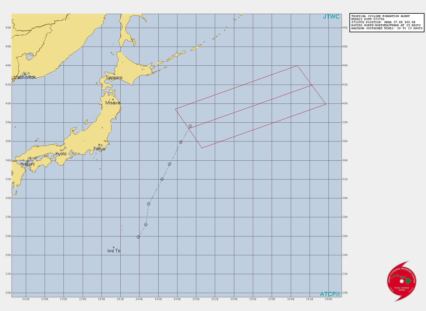 INVEST 91W. TROPICAL CYCLONE FORMATION ALERT ISSUED AT 07/17UTC.THE AREA OF CONVECTION (INVEST 91W) PREVIOUSLY LOCATED  NEAR 33.7N 147.2E IS NOW LOCATED NEAR 37.6N 149.4E, APPROXIMATELY  770 KM EAST-SOUTHEAST OF MISAWA AB. ANIMATED ENHANCED INFRARED (EIR)  SATELLITE IMAGERY DEPICTS PERSISTENT CONVECTION TO THE NORTH OF A  PARTIALLY EXPOSED ILL-DEFINED LOW LEVEL CIRCULATION (LLC). A 071130UTC  METOP-B ASCAT PASS REVEALS AN ILL-DEFINED LLC WITH 25-30 KNOT WINDS IN  THE EASTERN PERIPHERY. ANALYSES INDICATE A MARGINALLY FAVORABLE  ENVIRONMENT CHARACTERIZED BY POLEWARD OUTLFOW ALOFT, LOW  VERTICAL WIND SHEAR (VWS), AND MARGINAL (26C) SEA SURFACE  TEMPERATURES (SST).MAXIMUM SUSTAINED SURFACE WINDS ARE ESTIMATED AT 25 TO 30  KNOTS. MINIMUM SEA LEVEL PRESSURE IS ESTIMATED TO BE NEAR 1005 MB.  THE POTENTIAL FOR THE DEVELOPMENT OF A SIGNIFICANT TROPICAL CYCLONE  WITHIN THE NEXT 24 HOURS IS UPGRADED TO HIGH. INVEST 91W. TROPICAL CYCLONE FORMATION ALERT ISSUED AT 07/17UTC.THE AREA OF CONVECTION (INVEST 91W) PREVIOUSLY LOCATED  NEAR 33.7N 147.2E IS NOW LOCATED NEAR 37.6N 149.4E, APPROXIMATELY  770 KM EAST-SOUTHEAST OF MISAWA AB. ANIMATED ENHANCED INFRARED (EIR)  SATELLITE IMAGERY DEPICTS PERSISTENT CONVECTION TO THE NORTH OF A  PARTIALLY EXPOSED ILL-DEFINED LOW LEVEL CIRCULATION (LLC). A 071130UTC  METOP-B ASCAT PASS REVEALS AN ILL-DEFINED LLC WITH 25-30 KNOT WINDS IN  THE EASTERN PERIPHERY. ANALYSES INDICATE A MARGINALLY FAVORABLE  ENVIRONMENT CHARACTERIZED BY POLEWARD OUTLFOW ALOFT, LOW  VERTICAL WIND SHEAR (VWS), AND MARGINAL (26C) SEA SURFACE  TEMPERATURES (SST).MAXIMUM SUSTAINED SURFACE WINDS ARE ESTIMATED AT 25 TO 30  KNOTS. MINIMUM SEA LEVEL PRESSURE IS ESTIMATED TO BE NEAR 1005 MB.  THE POTENTIAL FOR THE DEVELOPMENT OF A SIGNIFICANT TROPICAL CYCLONE  WITHIN THE NEXT 24 HOURS IS UPGRADED TO HIGH.