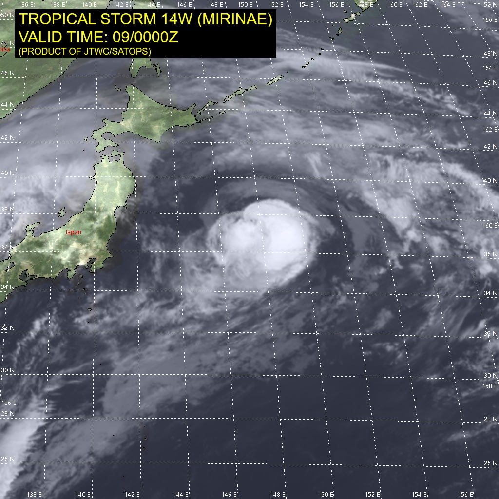 TS 14W(MIRINAE). SATELLITE ANALYSIS, INITIAL POSITION AND INTENSITY DISCUSSION: ANIMATED MULTISPECTRAL SATELLITE IMAGERY (MSI) DEPICTS A PARTIALLY EXPOSED LOW LEVEL CIRCULATION CENTER (LLCC). THE INITIAL POSITION IS PLACED WITH HIGH CONFIDENCE BASED ON A 082329UTC METOP-B ASCAT PASS. THE INITIAL INTENSITY OF 45 KNOTS IS ASSESSED WITH HIGH CONFIDENCE BASED ON THE AFOREMENTIONED ASCAT PASS.