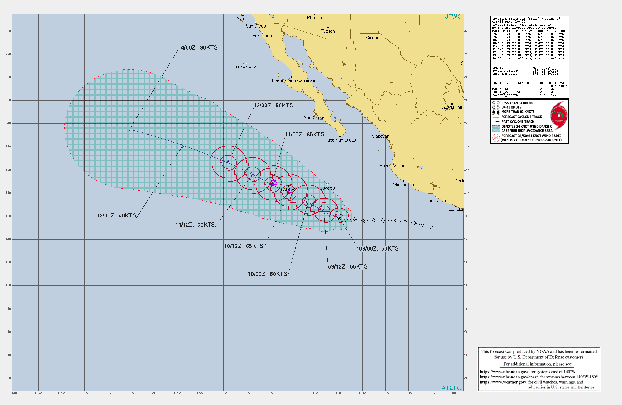 EASTERN PACIFIC. TS 11E(KEVIN). WARNING 7 ISSUED AT 09/04UTC. INTENSITY IS FORECAST TO PEAK AT 65KNOTS/CAT 1 BY 36H.