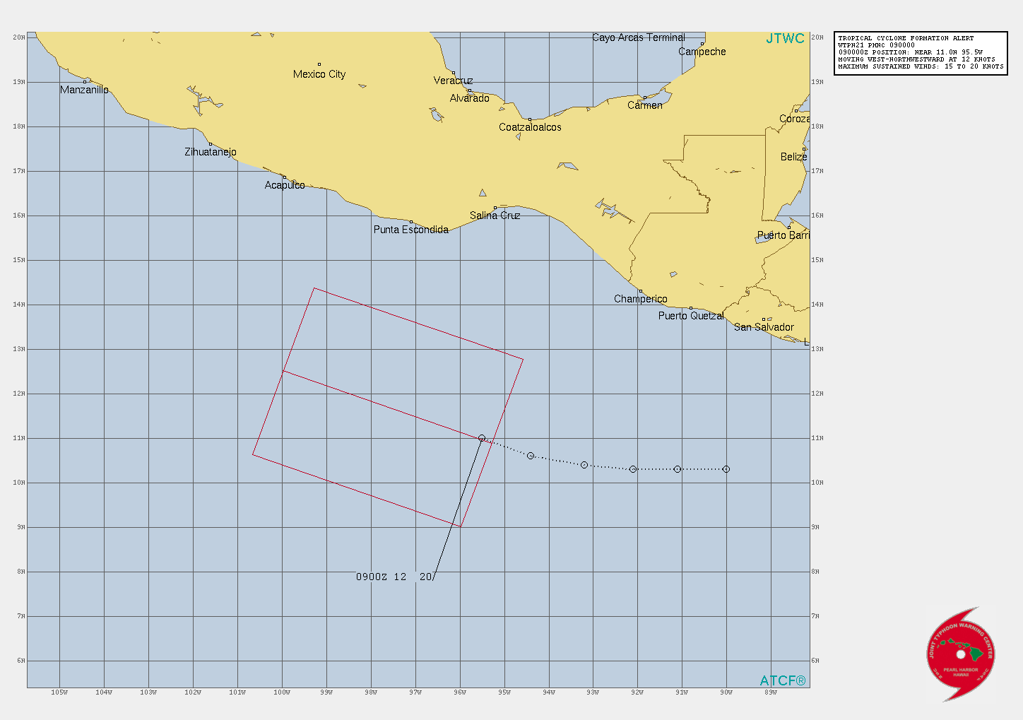 INVEST 93E. TROPICAL CYCLONE FORMATION ALERT ISSUED AT 08/17UTC.FORMATION OF A SIGNIFICANT TROPICAL CYCLONE IS POSSIBLE WITHIN 120 NM EITHER SIDE OF A LINE FROM 10.9N 95.2W TO 12.9N 101.4W WITHIN THE NEXT 12 TO 24 HOURS. AVAILABLE DATA DOES NOT JUSTIFY ISSUANCE OF NUMBERED TROPICAL CYCLONE WARNINGS AT THIS TIME. WINDS IN THE AREA ARE ESTIMATED TO BE 15 TO 20 KNOTS. METSAT IMAGERY AT 090000Z INDICATES THAT A CIRCULATION CENTER IS LOCATED NEAR 11.0N 95.5W. THE SYSTEM IS MOVING WEST-NORTHWESTWARD AT 21 KM/H. 2. REMARKS: AN AREA OF CONVECTION (INVEST 93E) HAS PERSISTED NEAR  11.0N 95.5W, APPROXIMATELY 555 KM SOUTH SOUTHEAST OF PUNTA  ESCONDIDA, MEXICO. ANIMATED MULTISPECTRAL SATELLITE IMAGERY (MSI)  DEPICTS AN AREA OF FLARING CONVECTION AND BROAD TURNING AROUND AN  ILL-DEFINED LOW LEVEL CIRCULATION (LLC). A 082257UTC SSMIS 91GHZ  SATELLITE IMAGE REVEALS AREAS OF DEEP CONVECTION WITHOUT A CLEAR  LLC. ANALYSES INDICATE AN OVERALL FAVORABLE ENVIRONMENT FOR  DEVELOPMENT CHARACTERIZED BY EQUATORWARD OUTFLOW ALOFT, LOW TO  MODERATE (10-20 KT) VERTICAL WIND SHEAR (VWS), AND WARM (29-30C) SEA  SURFACE TEMPERATURES.MAXIMUM SUSTAINED SURFACE WINDS ARE ESTIMATED AT 15 TO 20 KNOTS.  MINIMUM SEA LEVEL PRESSURE IS ESTIMATED TO BE NEAR 1007 MB. THE  POTENTIAL FOR THE DEVELOPMENT OF A SIGNIFICANT TROPICAL CYCLONE  WITHIN THE NEXT 24 HOURS IS HIGH.