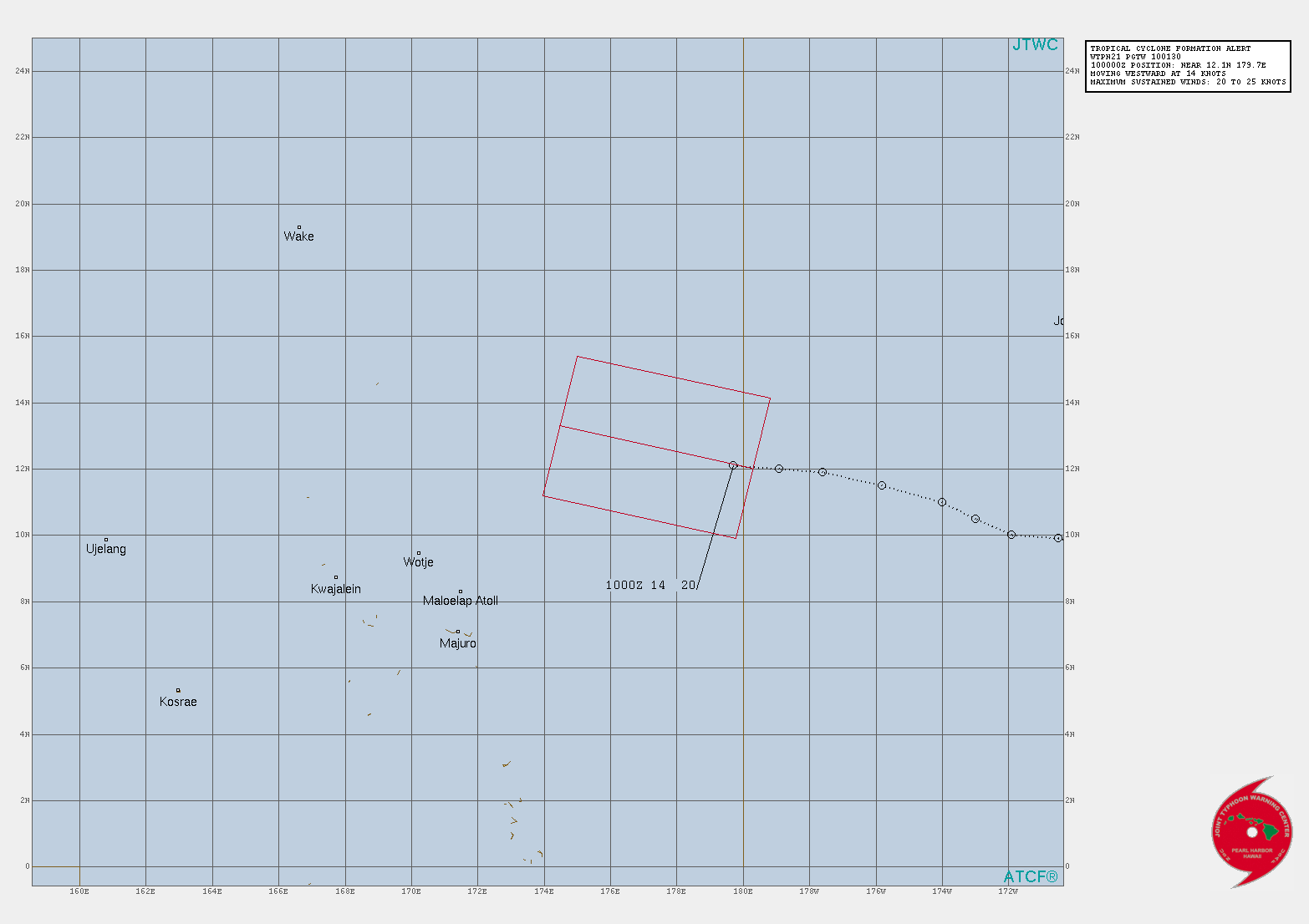 INVEST 91C. TROPICAL CYCLONE FORMATION ALERT ISSUED AT 10/0130UTC.FORMATION OF A SIGNIFICANT TROPICAL CYCLONE IS POSSIBLE WITHIN 130 NM EITHER SIDE OF A LINE FROM 12.0N 179.7W TO 13.3N 174.5E WITHIN THE NEXT 12 TO 24 HOURS. AVAILABLE DATA DOES NOT JUSTIFY ISSUANCE OF NUMBERED TROPICAL CYCLONE WARNINGS AT THIS TIME. WINDS IN THE AREA ARE ESTIMATED TO BE 20 TO 25 KNOTS. METSAT IMAGERY AT 100100Z INDICATES THAT A CIRCULATION CENTER IS LOCATED NEAR 12.1N 179.7E. THE SYSTEM IS MOVING WESTWARD AT 26 KM/H. 2. REMARKS: THE AREA OF CONVECTION (INVEST 91C) IS LOCATED NEAR  12.1N 179.7E, APPROXIMATELY 1370KM EAST-NORTHEAST OF KWAJALEIN.  ANIMATED ENHANCED INFRARED (EIR) SATELLITE IMAGERY AND A 091641UTC  SSMIS 91GHZ MICROWAVE IMAGE DEPICT DEEP CONVECTION OFFSET TO THE  EASTERN PERIPHERY OF AN EXPOSED, WELL-DEFINED LOW LEVEL CIRCULATION  CENTER (LLCC). ENVIRONMENTAL ANALYSIS INDICATES A FAVORABLE  ENVIRONMENT FOR DEVELOPMENT CHARACTERIZED BY RADIAL OUTFLOW, LOW VERTICAL WIND SHEAR (VWS) AND WARM (28-29C) SEA SURFACE  TEMPERATURE.MAXIMUM SUSTAINED SURFACE WINDS  ARE ESTIMATED AT 20 TO 25 KNOTS. MINIMUM SEA LEVEL PRESSURE IS  ESTIMATED TO BE NEAR 1006 MB. THE POTENTIAL FOR THE DEVELOPMENT OF A  SIGNIFICANT TROPICAL CYCLONE WITHIN THE NEXT 24 HOURS IS HIGH.