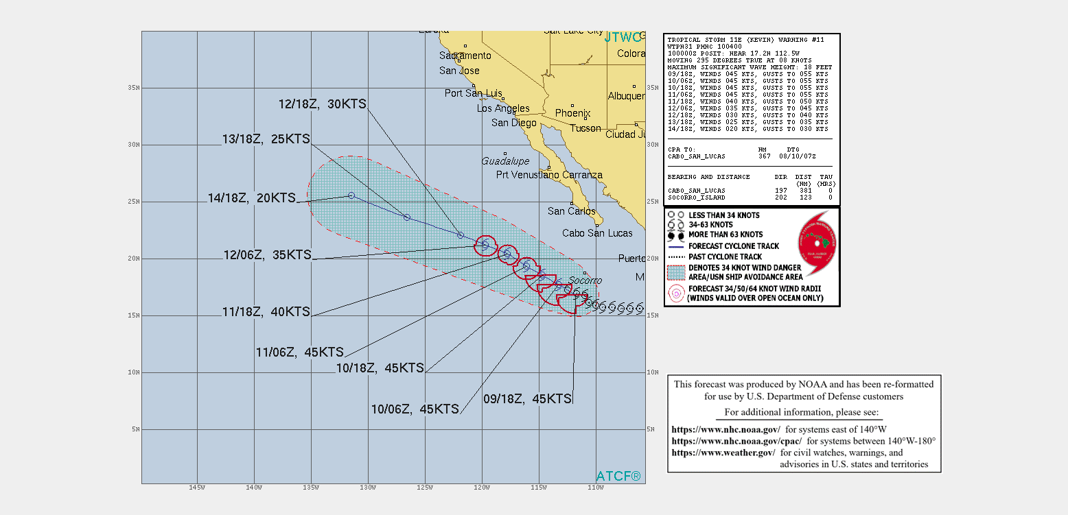 EASTERN PACIFIC. TS 11E(KEVIN). WARNING 11 ISSUED AT 10/04UTC. INTENSITY IS NO LONGER FORECAST TO REACH HURRICANE LEVEL.