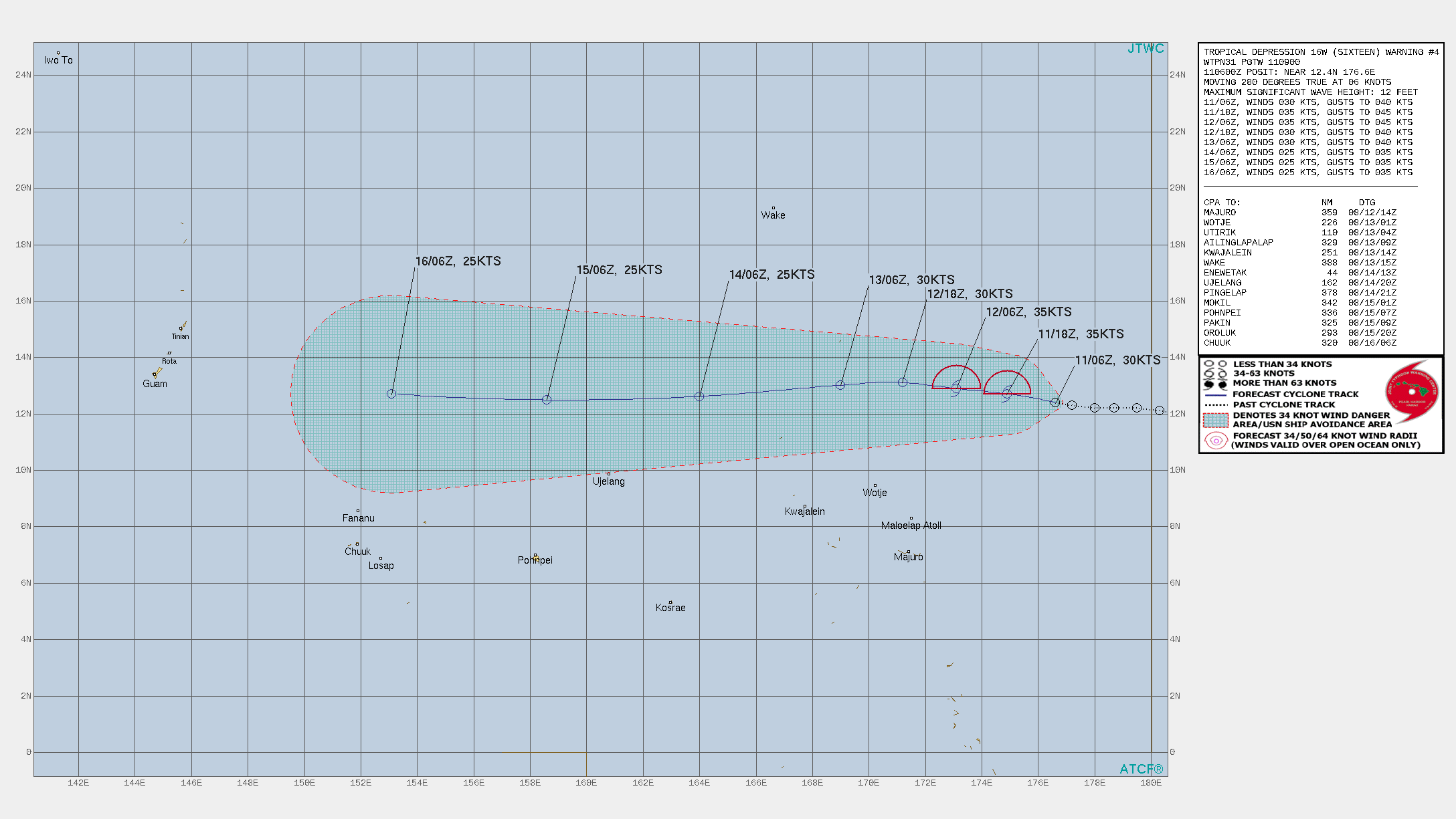 TD 04W. WARNING 4 ISSUED AT 11/09UTC.THERE ARE NO SIGNIFICANT CHANGES TO THE FORECAST FROM THE PREVIOUS WARNING.  FORECAST DISCUSSION: TROPICAL DEPRESSION 16W (SIXTEEN) IS FORECAST TO CONTINUE TRACKING GENERALLY WESTWARD ALONG THE SOUTHERN PERIPHERY OF THE SUBTROPICAL RIDGE THROUGH THE ENTIRETY OF THE FORECAST. CIMSS MOTION VECTOR ANALYSIS AND JTWC HAND ANALYSIS INDICATE THE PRESENCE OF AN UPPER-LEVEL POINT SOURCE JUST EAST OF THE LOW LEVEL CIRCULATION CENTER(LLCC), WHICH SUPPORTS THE FLARING CONVECTION TO THE EAST OF THE CENTER. THE CIMSS ANALYSIS ALSO REVEALS ONLY LOW VERTICAL WIND SHEAR(VWS) OVER THE SYSTEM, BUT MODEL-DERIVED CROSS-SECTIONS SHOW THE PRESENCE OF MORE MODERATE LEVELS OF SHEAR AND THE PRESENCE OF RELATIVELY DRY AIR IN THE 600-400 MB LAYER, WHICH IS BORNE OUT BY THE OVERALL PRESENTATION OF THE SYSTEM AT 0600UTC. OUTFLOW REMAINS RELATIVELY GOOD TO POLEWARD ALONG THE EASTERN SIDE OF A TUTT CENTERED ABOUT 1480 KM TO THE NORTHWEST. SHEAR IS EXPECTED TO RELAX A BIT OVER THE NEXT 12 TO 24 HOURS, WHICH SHOULD ALLOW FOR A BRIEF PERIOD OF WEAK INTENSIFICATION TO 35 KNOTS THROUGH 24H. THEREAFTER THE UPPER-LEVEL PATTERN IS FORECAST TO CHANGE, WITH NORTHEASTERLY FLOW MOVING DOWN ON TOP OF THE SYSTEM, WEAKENING THE OUTFLOW ALOFT. WHILE SHEAR WILL REMAIN RELATIVELY LOW DURING THIS TIME, THE LACK OF A STRONG OUTFLOW MECHANISM WILL LEAD TO STEADY WEAKENING THROUGH 72H. THE CONTINUING WEAK EQUATORWARD OUTFLOW WILL OFFSET LOW TO MODERATE VWS AND WARM SSTS, WITH TD 16W MAINTAINING WEAK TROPICAL DEPRESSION STRENGTH THROUGH 120H, THOUGH THE POSSIBILITY OF DISSIPATION AFTER TAU 96H CANNOT BE RULED OUT.