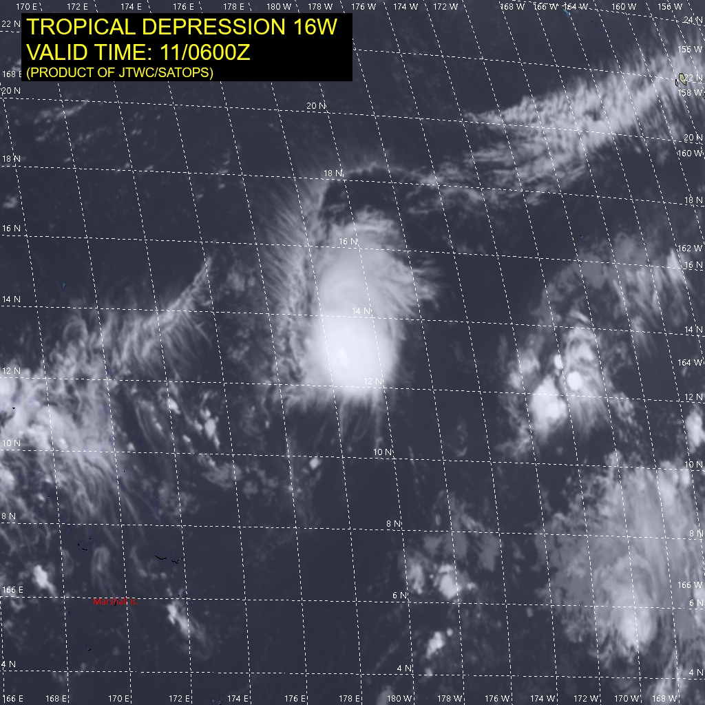 TD 16W. SATELLITE ANALYSIS, INITIAL POSITION AND INTENSITY DISCUSSION: ANIMATED MULTISPECTRAL SATELLITE IMAGERY (MSI) CONFIRMS THAT TD 16W CONTINUES TO STRUGGLE AGAINST STUBBORN WESTERLY VERTICAL WIND SHEAR (VWS). THE ANIMATED IMAGERY SHOWS THE EXPOSED LOW LEVEL CIRCULATION CENTER (LLCC) IS DISPLACED ABOUT 185 KM TO THE WEST OF THE CENTER OF THE FLARING DEEP CONVECTION. THE FLARING CONVECTION IS SOMEWHAT SURPRISINGLY VERY SYMMETRICAL IN APPEARANCE GIVEN THE SHEARED NATURE  OF THE SYSTEM AND ANIMATED SHORTWAVE INFRARED (SWIR) AFTER THE 0600UTC  HOUR INDICATES THE CONVECTIVE MASS IS EXPANDING TO THE WEST,  POSSIBLY INDICATING THE SHEAR MAY BE WEAKENING SLIGHTLY. BASED ON  THE EXPOSED LLCC IN THE MSI, THE INITIAL POSITION IS PLACED WITH  HIGH CONFIDENCE. THE INITIAL INTENSITY HAS REMAINED STEADY AT 30  KNOTS, ASSESSED WITH MEDIUM CONFIDENCE BASED ON THE AVERAGE OF MULTI- AGENCY DVORAK ESTIMATES AND THE ADT ESTIMATE.