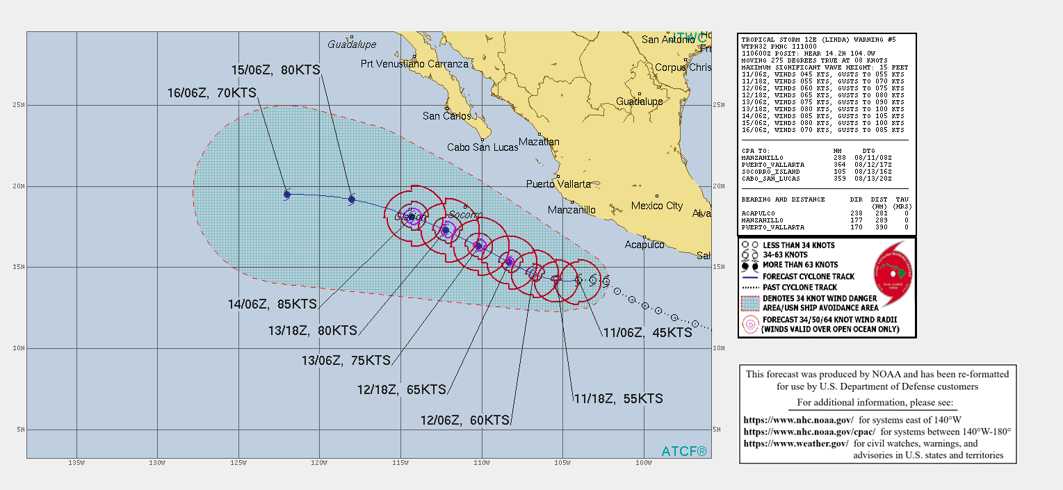 TS 12E(LINDA). WARNING 5 ISSUED AT 11/10UTC. INTENSITY IS FORECAST TO PEAK AT 85KNOTS/CAT 2 BY 14/06UTC.
