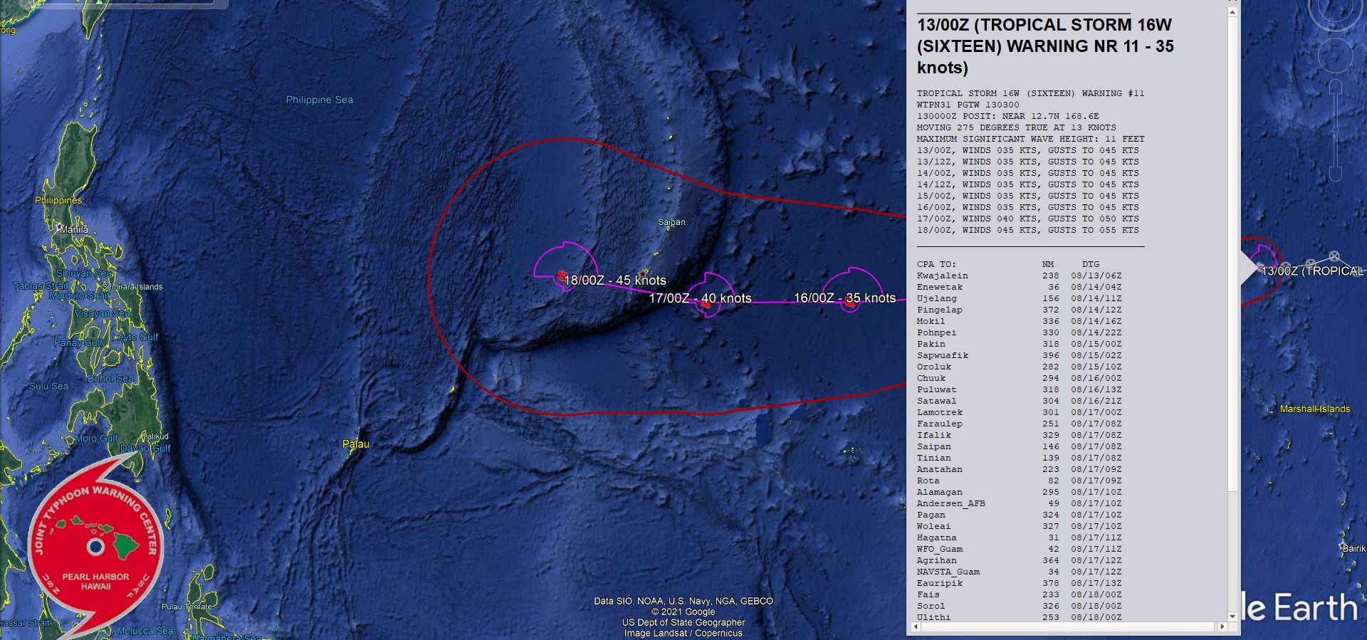 TS 16W. WARNING 11 ISSUED AT 13/03UTC.THERE ARE NO SIGNIFICANT CHANGES TO THE FORECAST FROM THE PREVIOUS WARNING.  FORECAST DISCUSSION: TROPICAL STORM (TS) 16W IS CURRENTLY TRACKING GENERALLY WESTWARD ALONG THE SOUTHERN PERIPHERY OF A SUBTROPICAL RIDGE TO THE NORTHWEST. THE SYSTEM IS CURRENTLY BUFFETTED BY WIND SHEAR, HOWEVER, THE APPROACHING TUTT CELL IN ITS PATH LEAVES SIGNIFICANT UNCERTAINTY IN INTENSIFICATION IN THE NEAR TERM. IF TRACK SHIFTS TOO FAR NORTH, SHEAR WILL SIGNIFICANTLY INHIBIT DEVELOPMENT, BUT IF TS 16W PASSES TO THE SOUTH OF THE TUTT CELL, THE ENHANCED OUTFLOW MAY CAUSE RAPID INTENSIFICATION BEFORE REACHING THE MARIANAS. ADDITIONALLY, AROUND 72H AN INCREASE IN SEA SURFACE TEMPERATURES WILL FURTHER PROVIDE AN IMPROVED  ENVIRONMENT FOR DEVELOPMENT.