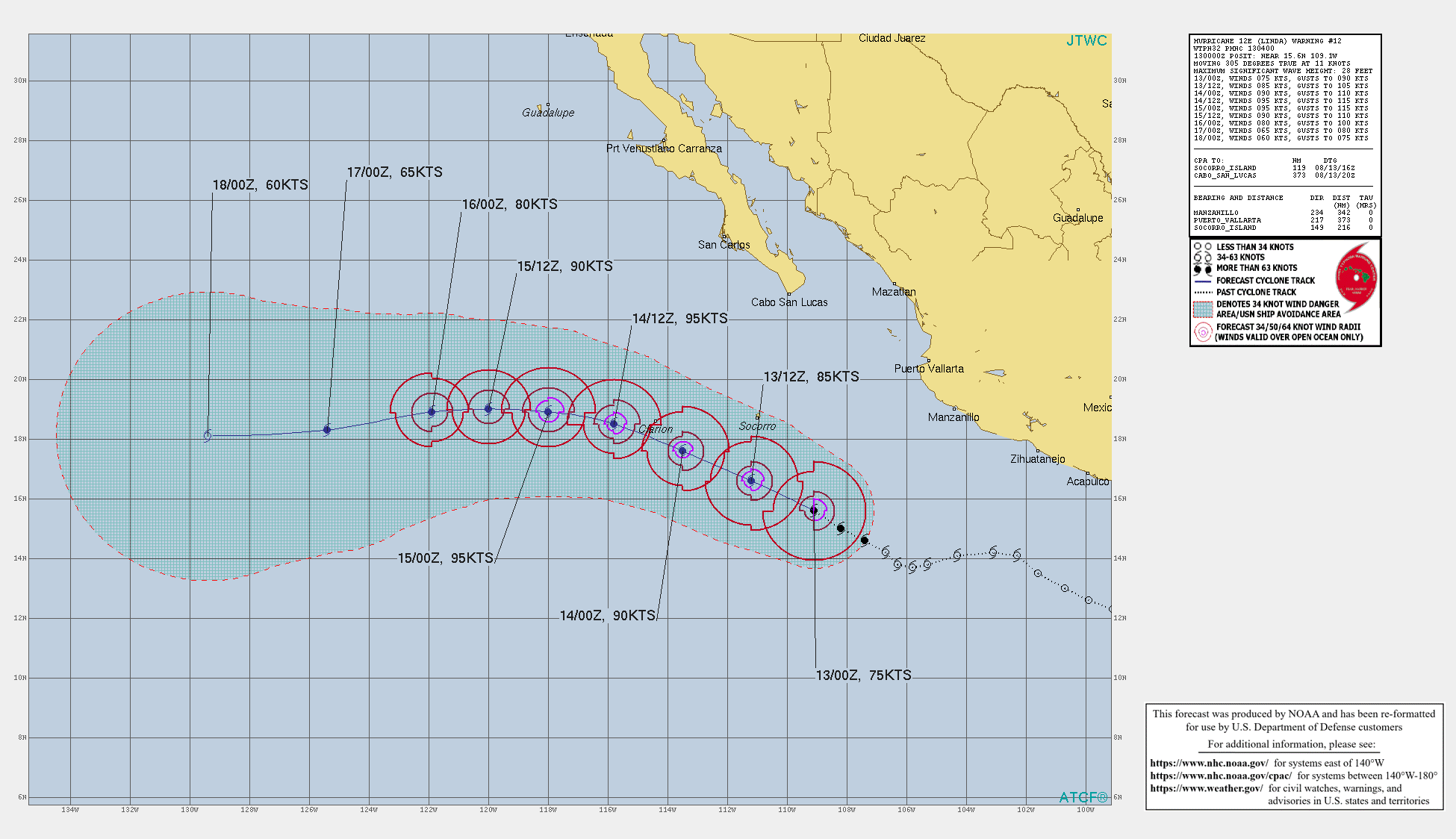 EASTERN PACIFIC. HU 12E(LINDA). WARNING 12 ISSUED AT 13/04UTC. CURRENT INTENSITY IS 75KNOTS/CAT 1 AND IS FORECAST TO PEAK AT 95KNOTS/CAT 2 BY 14/12UTC.
