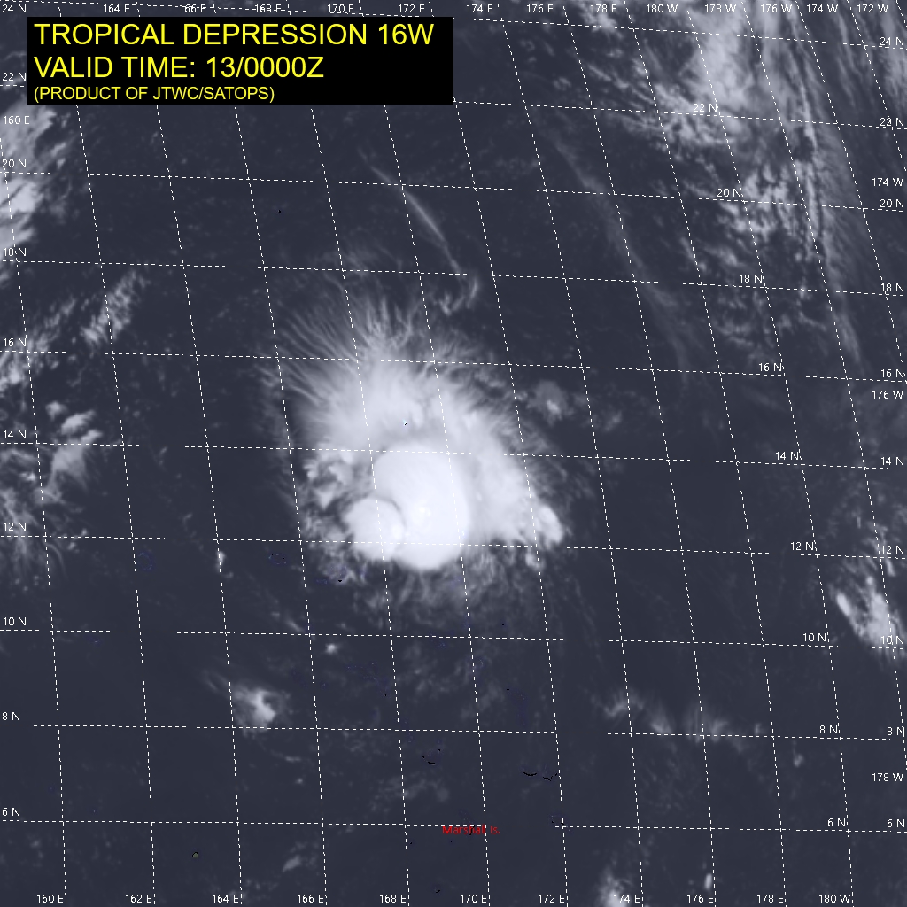 TS 16W. SATELLITE ANALYSIS, INITIAL POSITION AND INTENSITY DISCUSSION: ANIMATED MULTISPECTRAL SATELLITE IMAGERY (MSI) DEPICTS A PARTIALLY EXPOSED LOW LEVEL CIRCULATION CENTER (LLCC). THE INITIAL POSITION IS PLACED WITH MEDIUM CONFIDENCE BASED ON A 122209UTC AMSU PASS SHOWING A CONSOLIDATING LOW LEVEL CIRCULATION CENTER WITH THE MOST SIGNIFICANT CONVECTION DISPLACED TO THE NORTH. THE INITIAL INTENSITY OF 35 KNOTS IS ASSESSED WITH MEDIUM CONFIDENCE BASED ON DVORAK INTENSITY ESTIMATES AND ADT.