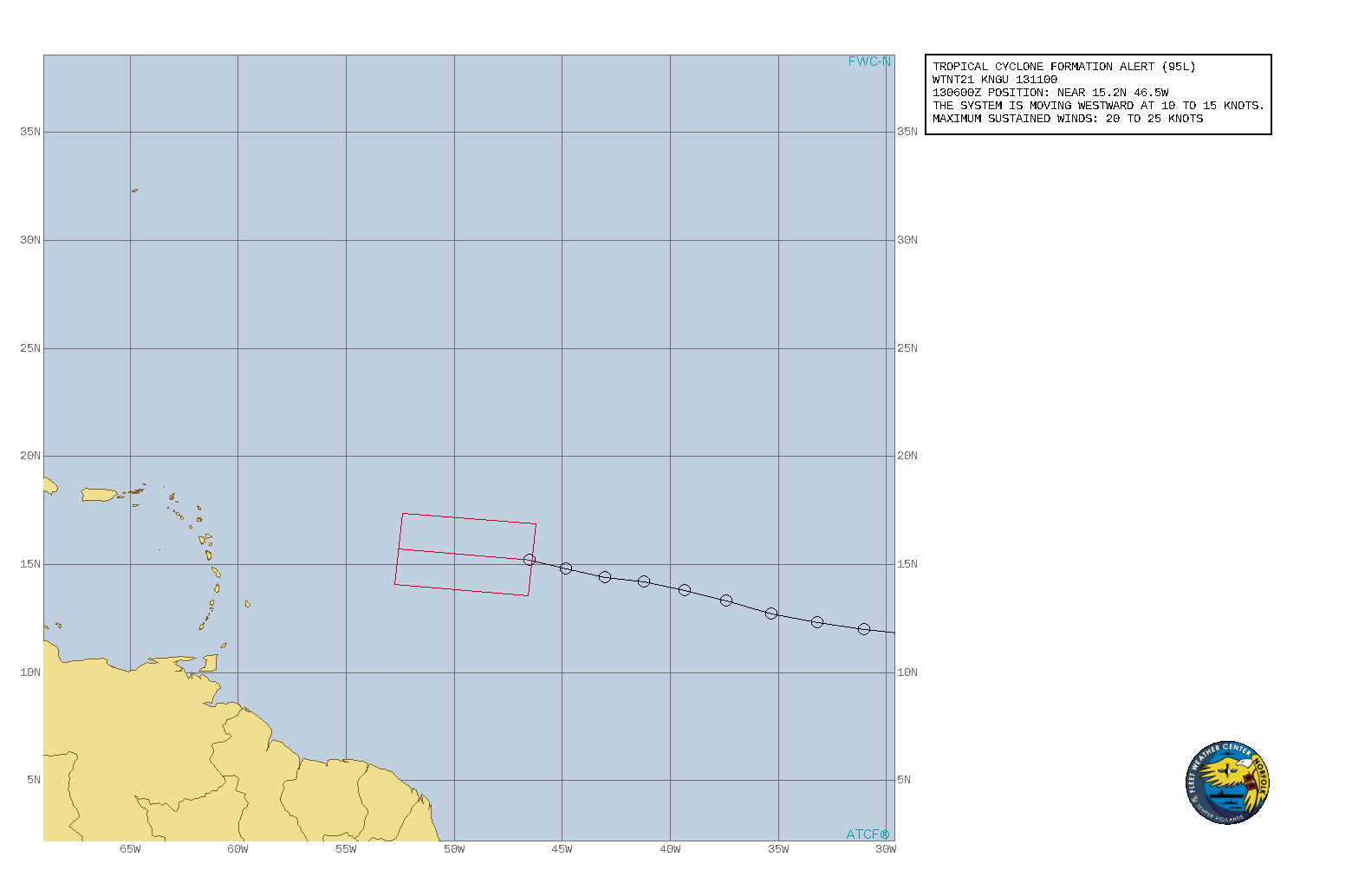 INVEST 95L. TROPICAL CYCLONE FORMATION ALERT ISSUED AT 13/11UTC.FORMATION OF A SIGNIFICANT TROPICAL CYCLONE IS POSSIBLE WITHIN 100 NM EITHER SIDE OF A LINE FROM 15.2N 46.5W TO 15.7N 52.6W WITHIN THE NEXT 24 HOURS. AVAILABLE DATA DOES NOT JUSTIFY ISSUANCE OF NUMBERED TROPICAL CYCLONE WARNINGS AT THIS TIME. WINDS IN THE AREA ARE ESTIMATED TO BE 20 TO 25 KNOTS. METSAT IMAGERY AT 130600UTC INDICATES THAT A CIRCULATION CENTER IS LOCATED NEAR 15.2N 46.5W. 2. SHOWERS AND THUNDERSTORMS HAVE BECOME MORE CONCETRATED DURING THE PAST FEW HOURS NEAR THE SURFACE CENTER OF A SMALL LOW PRESSURE SYSTEM LOCATED ABOUT 900 MILES EAST OF THE LESSER ANTILLES. ENVIRONMENTAL CONDITIONS ARE MARGINALLY CONDUCIVE FOR FURTHER DEVELOPMENT, AND A TROPICAL DEPRESSION IS LIKELY TO FORM TODAY WHILE THE SYSTEM MOVES WESTWARD AT 10-15 KNOTS. THE DISTURBANCE IS FORECAST TO APPROACH THE NORTHERN LESSER ANTILLES BY SATURDAY NIGHT.