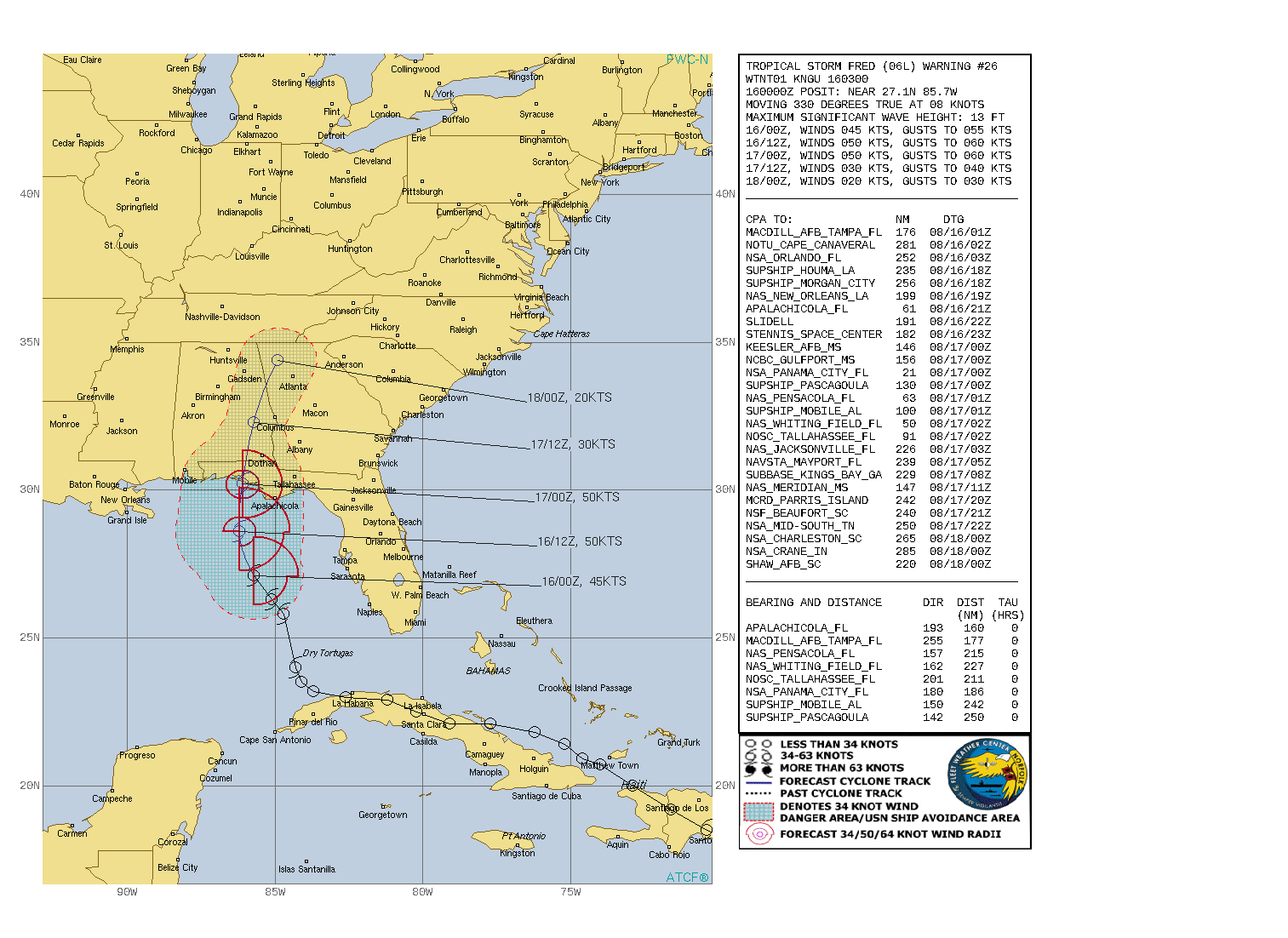 ATLANTIC. TS 06L(FRED). WARNING 26 ISSUED AT 16/03UTC. CURRENT INTENSITY IS 45KNOTS AND IS FORECAST TO PEAK AT 50KNOTS WITHIN 24H.