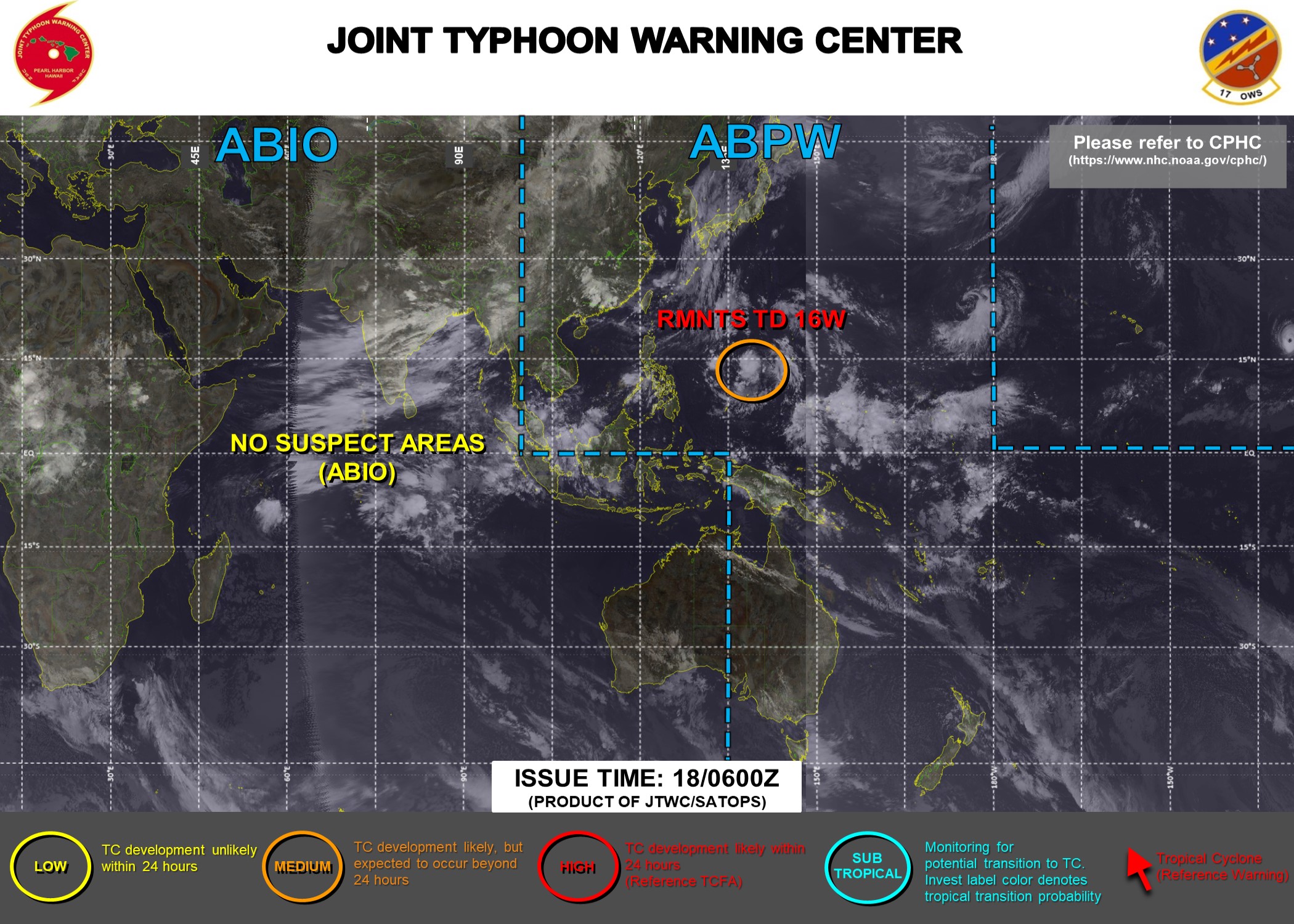 THE AREA OF CONVECTION (INVEST 16W) PREVIOUSLY LOCATED  NEAR 13.5N 143.3E IS NOW LOCATED NEAR 14.3N 138.1E, APPROXIMATELY  720 KM WEST OF GUAM. ANIMATED ENHANCED INFRARED SATELLITE IMAGERY  AND A 180413UTC ASMR2 89GHZ IMAGE DEPICT DEEP CONVECTION OVER AN  OBSCURED LOW LEVEL CENTER. A 180042UTC ASCAT PASS REVEALS A CLOSED,  BROAD CIRCULATION WITH POCKETS OF 20KNOT WIND OFFSET TO THE EAST AND  NORTH OF THE CENTER. THE OVERALL ENVIRONMENT IS FAVORABLE WITH WARM  SST VALUES (31-32 CELSIUS), LOW VERTICAL WIND SHEAR (05-10 KTS) AND  DUAL CHANNEL OUTFLOW. 16W WILL CONTINUE TO TRACK WEST WITH NUMERICAL  MODELS HAVING MINOR INTESIFICATION THROUGH 24-48H. MAXIMUM  SUSTAINED SURFACE WINDS ARE ESTIMATED AT 10 TO 15 KNOTS. MINIMUM SEA  LEVEL PRESSURE IS ESTIMATED TO BE NEAR 1007 MB. THE POTENTIAL FOR  THE DEVELOPMENT OF A SIGNIFICANT TROPICAL CYCLONE WITHIN THE NEXT 24  HOURS REMAINS MEDIUM.