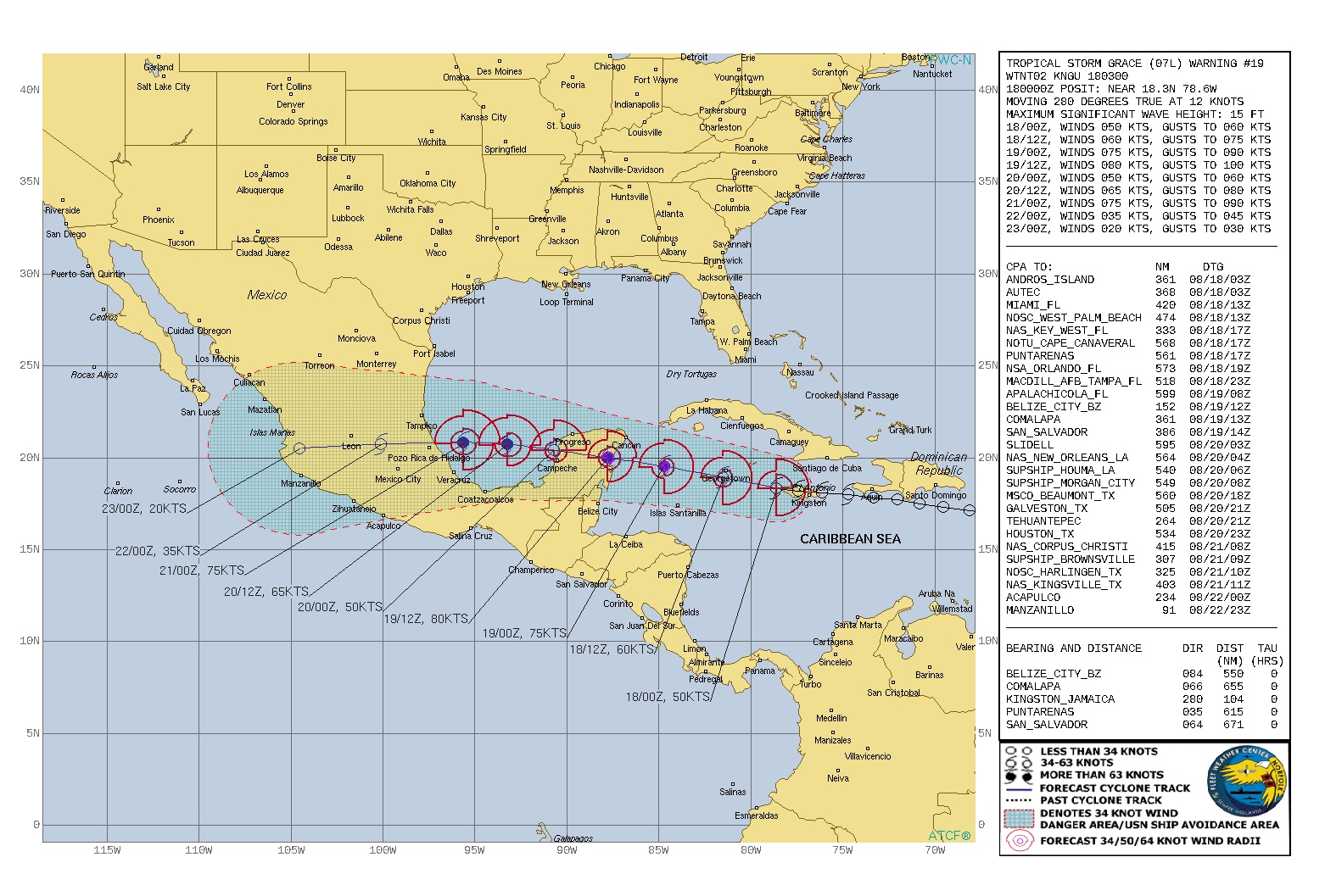 ATLANTIC. TS 07L(GRACE). WARNING 19 ISSUED AT 18/03UTC. CURRENT INTENSITY IS 50KNOTS AND IS FORECAST TO INCREASE TO 75KNOTS/CAT 1 BY 21/00UTC.