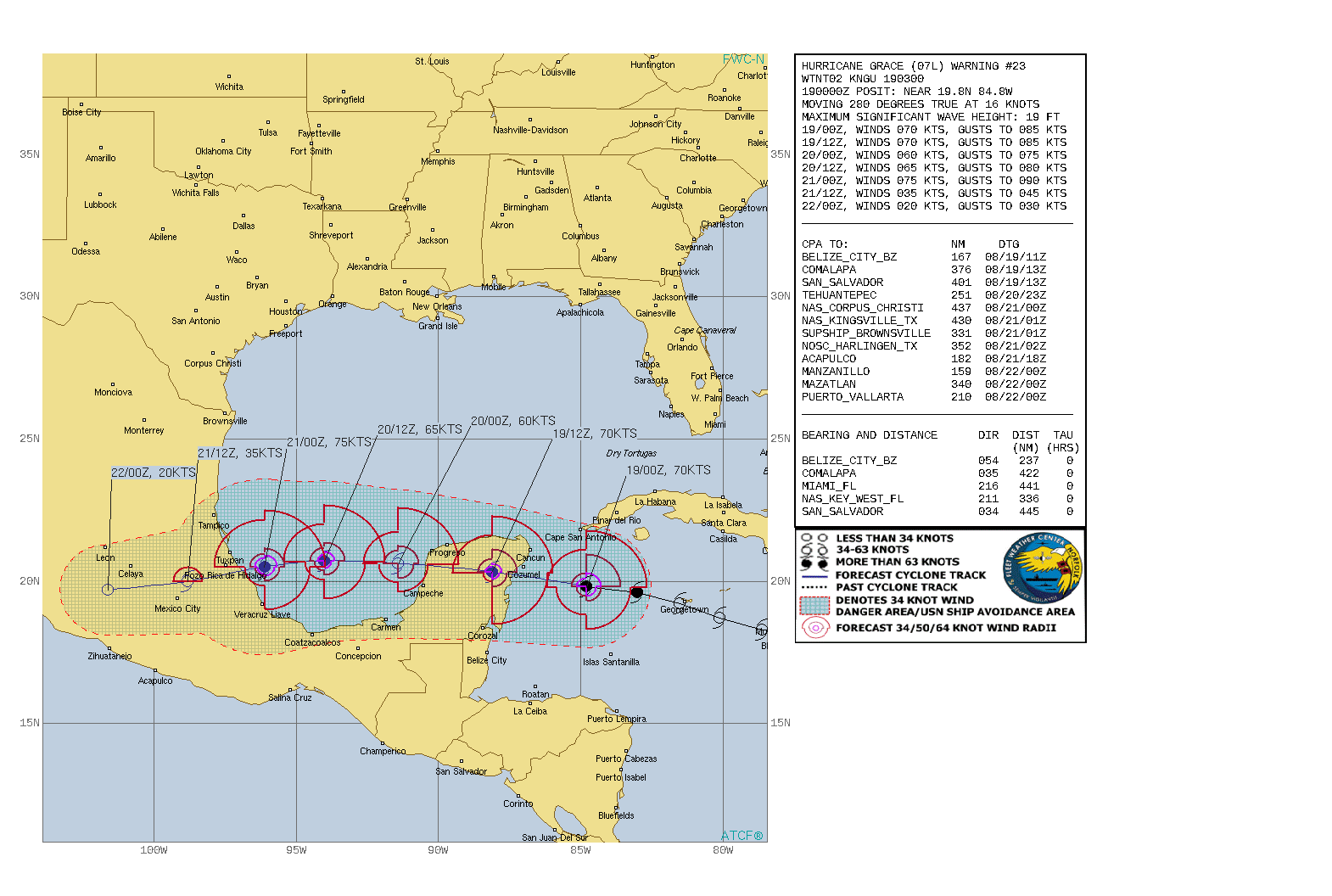 ATLANTIC. HU 07L(GRACE). WARNING 23 ISSUED AT 19/03UTC. CURRENT INTENSITY IS 70KNOTS/CAT 1. THE CYCLONE IS FORECAST TO MAKE LANDFALL OVER THE YUCATAN PENINSULA WITHIN 12HOURS. FORECAST TO PEAK AT 75KNOTS/CAT 1 BY 21/00UTC. ATLANTIC. HU 07L(GRACE). WARNING 23 ISSUED AT 19/03UTC. CURRENT INTENSITY IS 70KNOTS/CAT 1. THE CYCLONE IS FORECAST TO MAKE LANDFALL OVER THE YUCATAN PENINSULA WITHIN 12HOURS. FORECAST TO PEAK AT 75KNOTS/CAT 1 BY 21/00UTC.