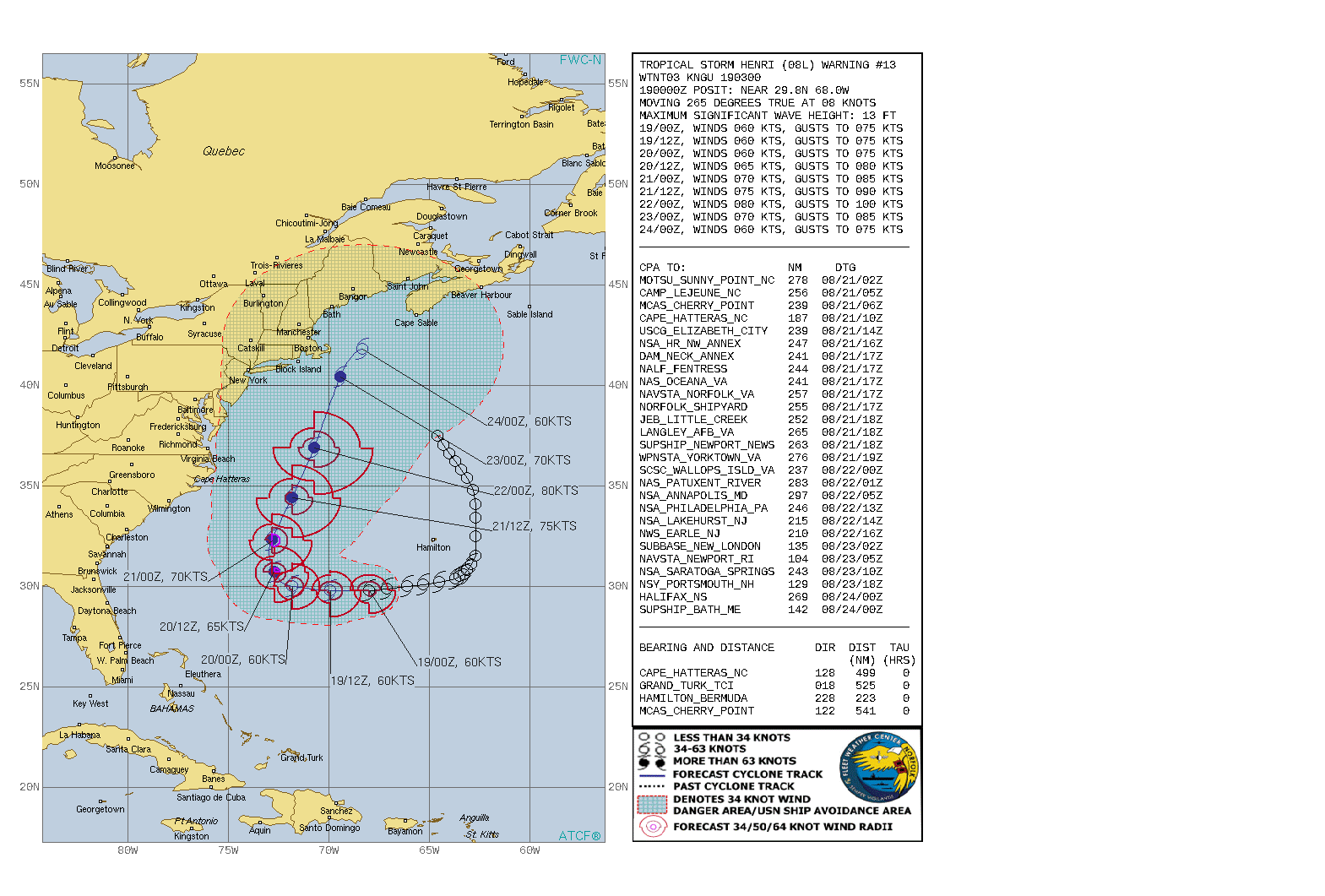 TS 08L(HENRI). WARNING 13 ISSUED AT 19/03UTC. CURRENT INTENSITY IS 60KNOTS AND IS FORECAST TO PEAK AT 80KNOTS/CAT 1 BY 22/00UTC.