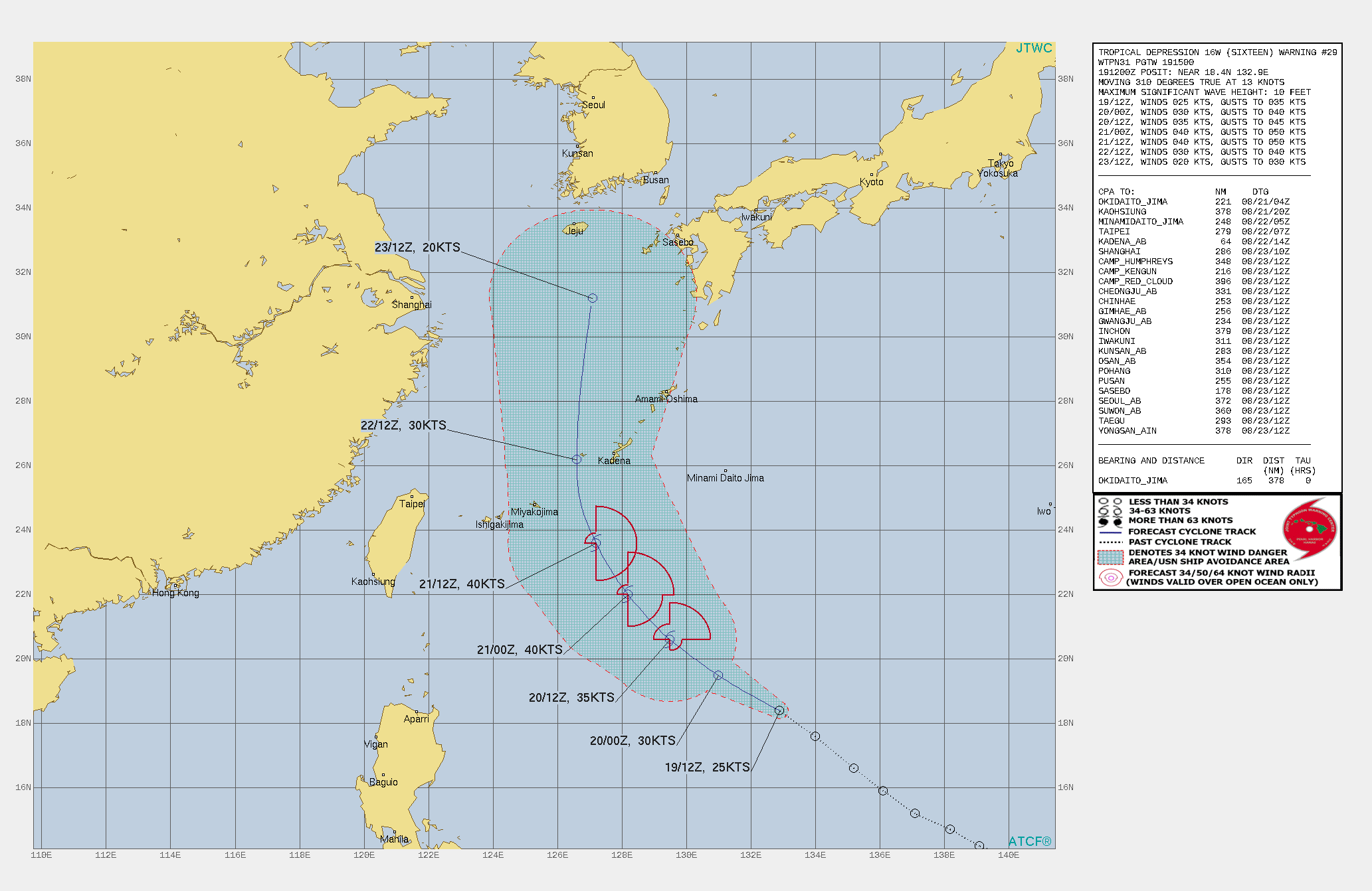 TD 16W. WARNING 29 ISSUED AT 19/15UTC. THIS IS THE INITIAL PROGNOSTIC REASONING MESSAGE AFTER REGENERATION AND ESTABLISHES THE FORECAST PHILOSOPHY.  FORECAST DISCUSSION: TD 16W WILL CONTINUE TO TRACK NORTHWEST ALONG THE SOUTHWEST PERIPHERY OF THE DEEP SUBTROPICAL RIDGE(STR) THROUGH 48H, THEN TURN NORTH BY 72H AS IT APPROACHES A BREAK IN THE STR, THEN ACCELERATE NORTH-NORTHEASTWARD THROUGH THE REMAINDER OF THE FORECAST ALONG THE GRADIENT BETWEEN THE STR AND A MID-LATITUDE TROUGH APPROACHING FROM THE WEST. AS THE UPPER-LEVEL ANTI-CYCLONE ALOFT TRACKS ALONG WITH THE LOW LEVEL CIRCULATION CENTER, PROVIDING A SOURCE OF WEAK RADIAL OUTFLOW ALOFT AND RELATIVELY LOW VERTICAL WIND SHEAR(VWS), THE SYSTEM IS FORECAST TO STEADILY INTENSIFY AT THE CLIMATOLOGICAL RATE OF ROUGHLY ONE T-NUMBER PER DAY, PEAKING AT 40 KNOTS BY 48H. WHILE OVERALL INTENSITY IS EXPECTED TO STEADILY INCREASE, THE LOW-LEVEL WIND FIELD IS FORECAST TO REMAIN ASYMMETRIC, WITH THE HIGHEST WINDS CONFINED TO THE EASTERN HEMISPHERE OF THE SYSTEM. THE SHARP TROUGH CURRENTLY NEAR THE RYUKUS IS NOT EXPECTED TO MOVE MUCH FURTHER TO THE SOUTH OR EAST BUT THE STRONG NORTHEASTERLY FLOW BEHIND IT WILL SERVE AS A WALL UPON WHICH TD 16W WILL ULTIMATELY MEET ITS DEMISE. BETWEEN 48H AND 72H, TD 16W WILL MOVE UNDER THESE STRONG NORTHEASTERLY WINDS ALOFT, EXPERIENCE DRAMATICALLY INCREASED VWS AND CONVERGENCE ALOFT, LEADING TO FAIRLY RAPID DISSIPATION NO LATER THAN 96H.