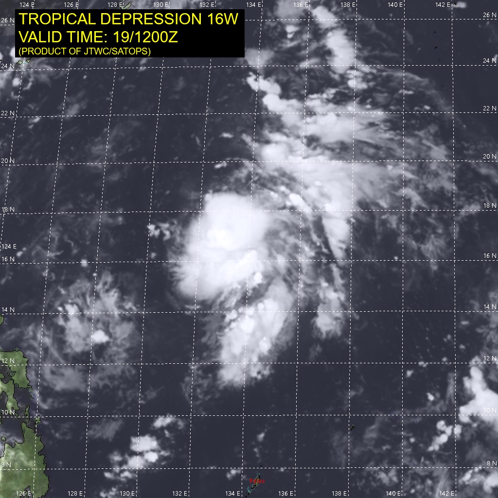 TD 16W. SATELLITE ANALYSIS, INITIAL POSITION AND INTENSITY DISCUSSION: TD 16W (SIXTEEN) HAS REGENERATED AS A TROPICAL DEPRESSION IN THE PHILIPPINE SEA. ANIMATED ENHANCED INFRARED (EIR) SATELLITE IMAGERY SHOWS THAT DEEP CONVECTION BEGAN DEVELOPING ONCE MORE OVER THE LOW LEVEL CIRCULATION CENTER (LLCC) AT APPROXIMATELY 190600UTC, AND HAS PERSISTED THROUGH THE 191200UTC HOUR. CLOUD TOP TEMPS HAVE COOLED SIGNIFICANTLY, AND HIGH RESOLUTION IMAGERY DEPICTS THE DEVELOPMENT OF SOME OVERSHOOTING TOPS, INDICATING THE SYSTEM IS UNDERGOING INTENSIFICATION. WHILE THE CONVECTION SIGNATURE IS VERY SYMMETRICAL, THE OVERALL SURFACE WIND FIELD IS HIGHLY ASYMMETRICAL, AS CONFIRMED BY A PARTIAL 191218UTC ASCAT-B PASS, WHICH SHOWED 15-20 KNOT WINDS ON THE NORTH-NORTHWEST SIDE OF THE SYSTEM. EARLIER SCATTEROMETER DATA SHOWED 25-30 KNOT WINDS CONFINED TO AN AREA EXTENDING FROM THE NORTHEAST-SOUTH OF THE LLCC. THE INITIAL POSITION IS ASSESSED WITH LOW CONFIDENCE DUE TO AN OBSCURED LLCC AND THE LACK OF RECENT MICROWAVE IMAGERY AND SCATTEROMETER DATA. THE INITIAL INTENSITY IS HEDGED SLIGHTLY HIGHER THAN THE MULTI-AGENCY INTENSITY ESTIMATES OF T1.0 IN LIGHT OF THE IMPROVED STRUCTURE AND CONVECTIVE DEVELOPMENT. EARLIER IN THE DAY, MODERATE TO STRONG WESTERLY SHEAR WAS INHIBITING THE DEVELOPMENT OF THE CONVECTIVE CORE, HOWEVER OVER THE PAST 12 HOURS THE UPPER-LEVEL PATTERN HAS MODIFIED, WITH A ANTICYCLONE DEVELOPING OVER TOP OF TD 16W, LEADING TO MUCH LOWER SHEAR AND WEAK RADIAL OUTFLOW, WITH THE REMNANTS OF A WEAK TUTT CELL TO THE NORTH PROVIDING A VERY WEAK TAP INTO SOME POLEWARD OUTFLOW AS WELL. A DEEP, SHARP, MID-LATITUDE TROUGH EXTENDS SOUTHWARD FROM THE KOREAN PENINSULA, ALONG THE RYUKU CHAIN, TO THE LUZON STRAIT. TD 16W. SATELLITE ANALYSIS, INITIAL POSITION AND INTENSITY DISCUSSION: TD 16W (SIXTEEN) HAS REGENERATED AS A TROPICAL DEPRESSION IN THE PHILIPPINE SEA. ANIMATED ENHANCED INFRARED (EIR) SATELLITE IMAGERY SHOWS THAT DEEP CONVECTION BEGAN DEVELOPING ONCE MORE OVER THE LOW LEVEL CIRCULATION CENTER (LLCC) AT APPROXIMATELY 190600UTC, AND HAS PERSISTED THROUGH THE 191200UTC HOUR. CLOUD TOP TEMPS HAVE COOLED SIGNIFICANTLY, AND HIGH RESOLUTION IMAGERY DEPICTS THE DEVELOPMENT OF SOME OVERSHOOTING TOPS, INDICATING THE SYSTEM IS UNDERGOING INTENSIFICATION. WHILE THE CONVECTION SIGNATURE IS VERY SYMMETRICAL, THE OVERALL SURFACE WIND FIELD IS HIGHLY ASYMMETRICAL, AS CONFIRMED BY A PARTIAL 191218UTC ASCAT-B PASS, WHICH SHOWED 15-20 KNOT WINDS ON THE NORTH-NORTHWEST SIDE OF THE SYSTEM. EARLIER SCATTEROMETER DATA SHOWED 25-30 KNOT WINDS CONFINED TO AN AREA EXTENDING FROM THE NORTHEAST-SOUTH OF THE LLCC. THE INITIAL POSITION IS ASSESSED WITH LOW CONFIDENCE DUE TO AN OBSCURED LLCC AND THE LACK OF RECENT MICROWAVE IMAGERY AND SCATTEROMETER DATA. THE INITIAL INTENSITY IS HEDGED SLIGHTLY HIGHER THAN THE MULTI-AGENCY INTENSITY ESTIMATES OF T1.0 IN LIGHT OF THE IMPROVED STRUCTURE AND CONVECTIVE DEVELOPMENT. EARLIER IN THE DAY, MODERATE TO STRONG WESTERLY SHEAR WAS INHIBITING THE DEVELOPMENT OF THE CONVECTIVE CORE, HOWEVER OVER THE PAST 12 HOURS THE UPPER-LEVEL PATTERN HAS MODIFIED, WITH A ANTICYCLONE DEVELOPING OVER TOP OF TD 16W, LEADING TO MUCH LOWER SHEAR AND WEAK RADIAL OUTFLOW, WITH THE REMNANTS OF A WEAK TUTT CELL TO THE NORTH PROVIDING A VERY WEAK TAP INTO SOME POLEWARD OUTFLOW AS WELL. A DEEP, SHARP, MID-LATITUDE TROUGH EXTENDS SOUTHWARD FROM THE KOREAN PENINSULA, ALONG THE RYUKU CHAIN, TO THE LUZON STRAIT.