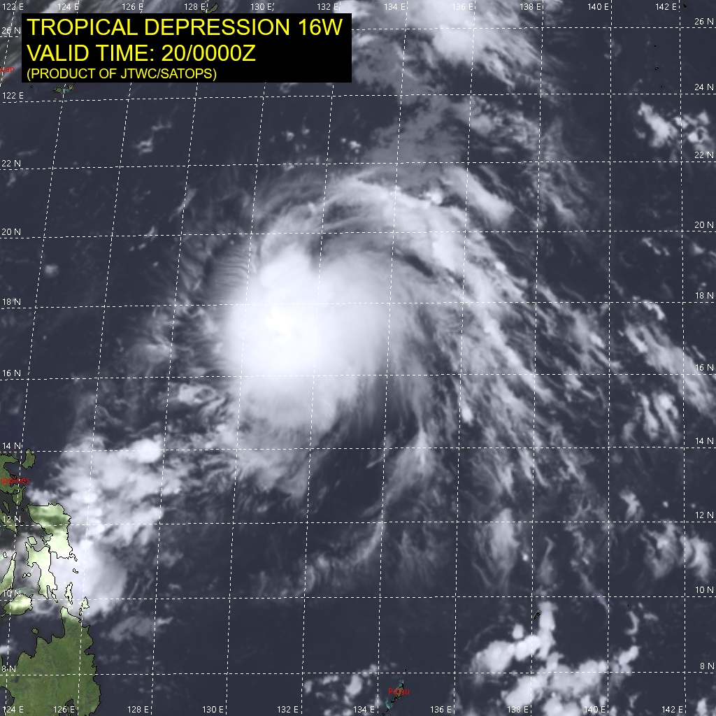 TD 16W.SATELLITE ANALYSIS, INITIAL POSITION AND INTENSITY DISCUSSION: ANIMATED MULTISPECTRAL SATELLITE IMAGERY (MSI) DEPICTS A LOW LEVEL CIRCULATION CENTER (LLCC) POSITIONED UNDER THE NORTHERN CANOPY OF A CONSOLIDATING SYSTEM OF DEEP CONVECTION WITH ASSOCIATED RADIAL OUTFLOW ALOFT. A PARTIAL 192125UTC SSMIS 91GHZ PASS SHOWS FLARING CONVECTION IN THE SOUTHERN PERIPHERY OF THE LLCC. A PARTIAL 200048UTC  ASCAT-B PASS INDICATES THE LLCC HAS AN AREA OF 15-20KT WINDS IN THE NORTHERN PERIPHERY WITH WEAKER WINDS TO THE NORTHWEST AND SOUTHWEST QUADRANTS. THE INITIAL POSITION IS ASSESSED WITH MEDIUM CONFIDENCE BASED OFF THE AFOREMENTIONED MSI ANALYSIS AND THE PGTW SATELLITE FIX. THE INITIAL INTENSITY OF 30 KNOTS IS ASSESSED WITH MEDIUM CONFIDENCE BASED ON THE PGTW DVORAK ESTIMATE. TD 16W.SATELLITE ANALYSIS, INITIAL POSITION AND INTENSITY DISCUSSION: ANIMATED MULTISPECTRAL SATELLITE IMAGERY (MSI) DEPICTS A LOW LEVEL CIRCULATION CENTER (LLCC) POSITIONED UNDER THE NORTHERN CANOPY OF A CONSOLIDATING SYSTEM OF DEEP CONVECTION WITH ASSOCIATED RADIAL OUTFLOW ALOFT. A PARTIAL 192125UTC SSMIS 91GHZ PASS SHOWS FLARING CONVECTION IN THE SOUTHERN PERIPHERY OF THE LLCC. A PARTIAL 200048UTC  ASCAT-B PASS INDICATES THE LLCC HAS AN AREA OF 15-20KT WINDS IN THE NORTHERN PERIPHERY WITH WEAKER WINDS TO THE NORTHWEST AND SOUTHWEST QUADRANTS. THE INITIAL POSITION IS ASSESSED WITH MEDIUM CONFIDENCE BASED OFF THE AFOREMENTIONED MSI ANALYSIS AND THE PGTW SATELLITE FIX. THE INITIAL INTENSITY OF 30 KNOTS IS ASSESSED WITH MEDIUM CONFIDENCE BASED ON THE PGTW DVORAK ESTIMATE.