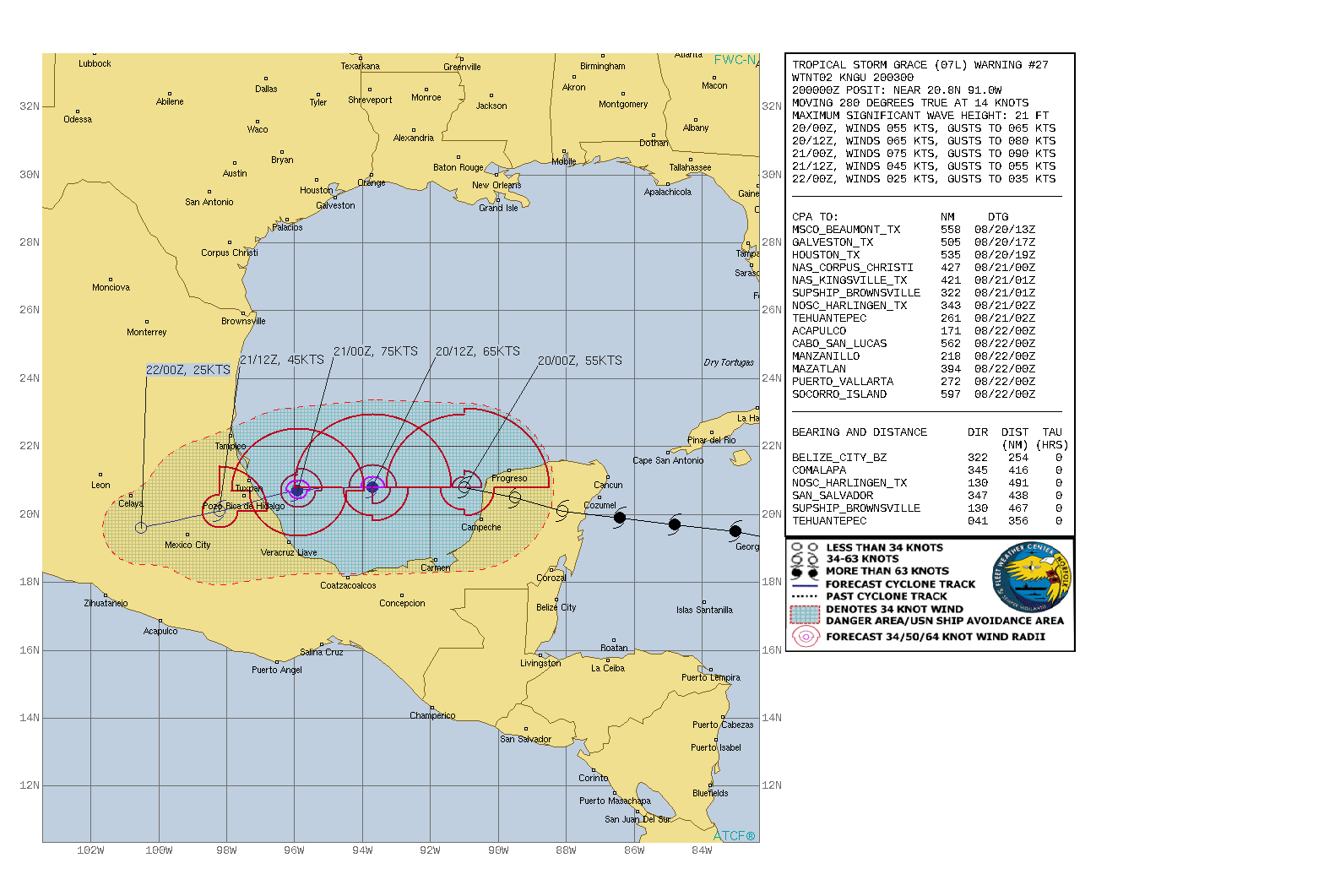 ATLANTIC. TS 07L(GRACE). WARNING 27 ISSUED AT 20/03UTC. HAVING CROSSED THE YUCATAN PENINSULA THE CENTER IS NOW BACK OVER OPEN WATER. CURRENT INTENSITY IS 55KNOTS AND IS FORECAST TO PEAK AT 75KNOTS/CAT 1 JUST PRIOR LANDFALL OVER THE MEXICAN COASTLINE.