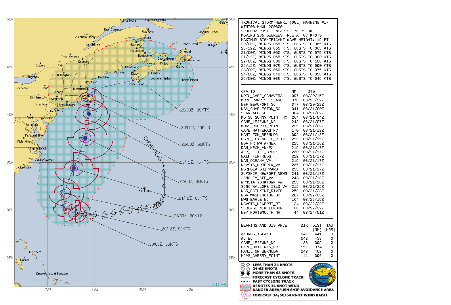 TS 08L(HENRI). WARNING 17 ISSUED AT 20/03UTC. CURRENT INTENSITY IS 55KNOTS AND IS FORECAST TO PEAK AT 80KNOTS/CAT 1 BY 22/00UTC.