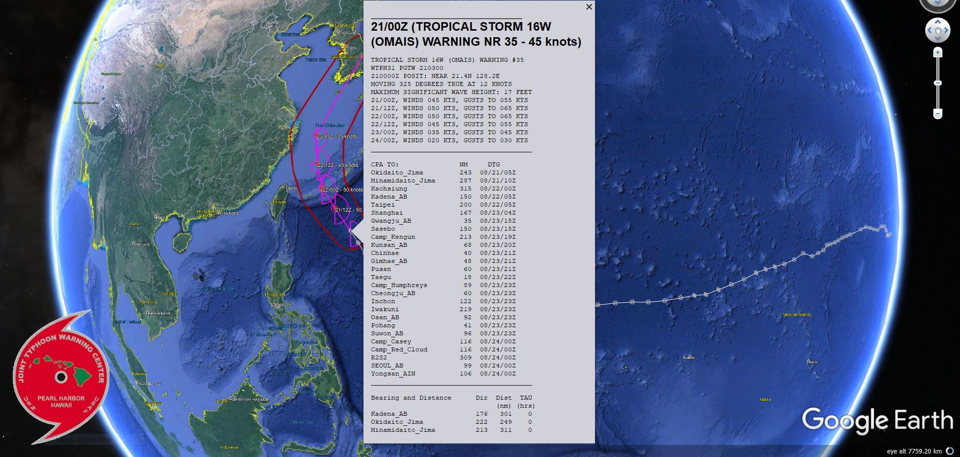 TS 16W(OMAIS). WARNING 35 ISSUED AT 21/03UTC.THERE ARE NO SIGNIFICANT CHANGES TO THE FORECAST FROM THE PREVIOUS WARNING. HOWEVER, INCREASED  CONFIDENCE IN THE INITIAL POSITIONING REVEALS TRACK SPEED IS FASTER  THAN PREVIOUSLY EXPECTED, IMPACTING THE OVERALL CLOSEST POINT OF APPROACH TIMELINES.  FORECAST DISCUSSION: TS 16W (OMAIS) HAS CONTINUED TO STEADILY TRACK TO THE NORTH-NORTHWEST OVER THE PAST SIX HOURS AS AN EXTENSION  OF THE SUBTROPICAL RIDGE(STR) REMAINS FIRMLY ENTRENCHED TO THE NORTHEAST. OMAIS IS EXPECTED TO TURN ON TO A MORE NORTHWARD TRACK OVER THE COURSE OF THE NEXT 36 HOURS AS IT ROUNDS THE STR, FOLLOWED BY A RECURVATURE TO THE NORTHEAST AFTER CLEARING THE RYUKU CHAIN. ALTOUGH THERE HAS BEEN IMPROVEMENT IN CONVECTIVE ORGANIZATION, THE POTENTIAL FOR ADDITIONAL INTENSIFICATION IS LIMITED AS THE DEVELOPING RIDGE TO THE NORTH SHOULD BRING INCREASINGLY SIGNIFICANT SHEAR OVER THE NEXT  24 HOURS. AS A RESULT OF THE INCREASED INITIAL ANALYSIS INTENSITY,  THE PEAK INTENSITY HAS BEEN ADJUSTED TO 50 KNOTS. BEYOND 48H,  STRONG SHEAR OPPOSING THE STORM MOTION SHOULD RESULT IN RAPID  DETERIORATION. THE INCREASED FORWARD SPEED SHIFTED THE TRACK  SLIGHTLY NORTHWARD, WHICH NOW TAKES A COURSE OVER THE SOUTHERN TIP  OF SOUTH KOREA. THIS LANDFALL SHOULD FURTHER CONTRIBUTE TO A  DISSIPATION OVER LAND BY 72H. HOWEVER, BY THIS TIME, 16W WILL BE UNDER THE JET AND COMPLETING EXTRA-TROPICAL TRANSITION (ETT). THE DISSIPATION SCENARIO IS BEING MAINTAINED FOR CONSISTENCY, BUT ETT MAY COMPLETE AT THE SAME TIME OR SOONER THAN DISSIPATION. SOME MODELS ARE INDICATING THAT ANOTHER CIRCULATION MOVING OFF THE COAST OF CHINA MAY MERGE WITH THE REMNANTS OF 16W, WITH THE POTENTIAL FOR A DEVELOPING EXTRA-TROPICAL LOW OVER THE SEA OF JAPAN, BEYOND THIS FORECAST.